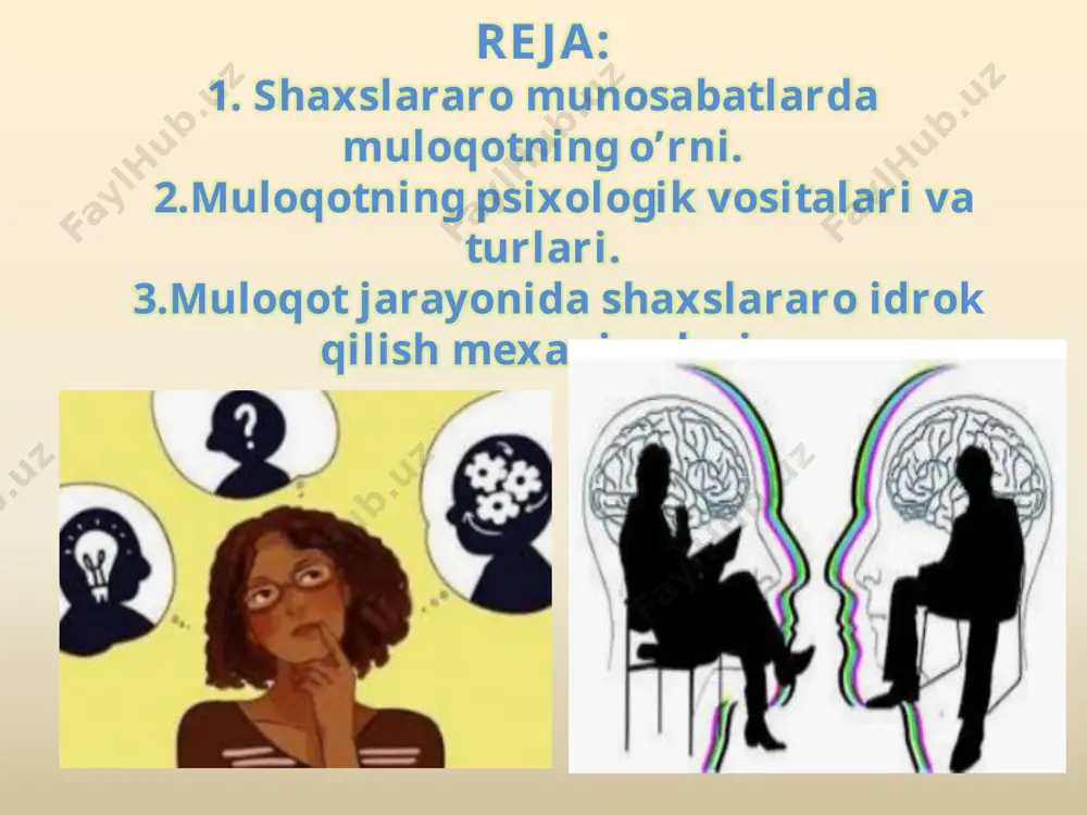 ommunikativ tomoni muloqotning interaktiv tomoni muloqotning persepsiv tomoni muloqotning kommunikativ tomoni muloqotning kommunikativ tomoni deyilganda, uning shaxslararo axborotlar, bilimlar, g’oyalar, fikrlar almashinuvi jarayoni sifatidagi vazifalari nazarda tutiladi. buyuk rus yozuvchisi l.tolstoy odamlarda 97 xil kulgu turi hamda 85 xil ko’z qarashlar turi borligini kuzatgan. g.m.andreyevaning yozishicha, odam yuz ifodalari, nigohlarining 20.000 ga yaqin ko’rinishi bor. ayniqsa, birinchi bor uchrashganda ko’zlar to’qnashuvi, nigohlarning roli keyingi muloqotning taqdiriga kuchli ta’sir ko’rsatishi aniqlangan. muloqotning interarktiv tomoni muloqotning interarktiv tomoni deyilganda, kishilarning muloqot jarayonida birgalikdagi faoliyatda bir-birlariga amaliy jihatdan bevosita ta’sir etishlari tushuniladi. shu tufayli odamlar hamkorlikda ishlash, bir-birlariga yordam berish, bir-birlaridan o’rganish, harakatlar muvofiqligiga erishish kabi qator qobiliyatlarini namoyon qilishlari mumkin. muloqotning perseptiv tomoni muloqotning perseptiv tomoni kishining kishi tomonidan idrok qilish, tushunish va unga baho berishdir. boshqa kishilarni tushunib olish bilan kishi suhbatdosh bilan bo’ladigan faoliyat, aloqa istiqbolini aniqroq belgilab oladi. shaxslararo muomalaning shaxs taraqqiyotidagi o‘rni. aslida har bir insonning ijtimoiy tajribasi, …