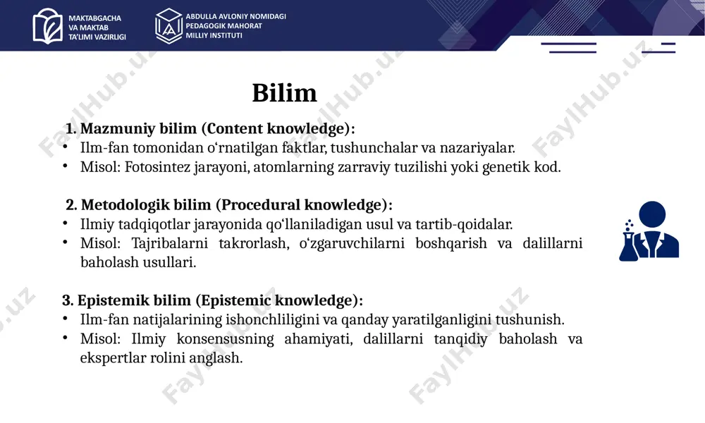 lar, suv sikli); suv resurslari va ularni saqlash (masalan, ichimlik suvi, yer osti suv havzalari); yer tizimlarining o‘zaro ta’siri va o‘zgarishi (masalan, iqlim o‘zgarishi, geokimyoviy sikllar, konstruktiv va destruktiv tektonik kuchlar, okean kislotalanishi); yerning tarixi (masalan, qazilma qoldiqlar, kelib chiqishi va evolyutsiyasi, eroziya va cho‘kindi jarayonlari); kosmosdagi yer (masalan, oy fazalari, quyosh sistemasining tuzilishi, galaktikalar); koinot va quyosh sistemasining kelib chiqishi (masalan, yulduzlarning evolyutsiyasi, sayyoralar shakllanishi, katta portlash nazariyasi). a.avloniy nomidagi pedagogik mahorat milliy instituti metodologik bilim o‘zgaruvchilar tushunchasi: mustaqil, bog‘liq va boshqaruvchi o‘zgaruvchilar. o‘lchov tushunchalari: masalan, miqdoriy o‘lchovlar (sonlar bilan ifodalanadigan o‘lchovlar), sifatli kuzatishlar, o‘lchov shkalasidan foydalanish, kategorik va uzluksiz o‘zgaruvchilar. noaniqlikni baholash va minimallashtirish usullari: masalan, o‘lchovlarni takrorlash va ularning o‘rtacha qiymatini hisoblash. ma’lumotlarning aniqligi ta’minlash mexanizmlari: aniqlik (precision): bir xil miqdorni takroran o‘lchash natijalarining bir-biriga yaqinligi. to‘g‘rilik (accuracy): o‘lchangan qiymatning haqiqiy qiymatga yaqinligi. ma’lumotlarni abstraksiyalash va tasvirlashning umumiy usullari: jadval, grafik va diagrammalardan foydalanish va ularning mos …