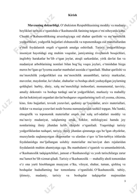 o’zbek xalqini kelib chiqish (etnogenez)ni holisona yoritish xalqimizning ko’p asrlar qadimiy an’analarini boy tarixiy – madaniy merosini o’rganish muhim vazifa qilib qo’yildi1. bugungi kunda o’z – o’zini anglab mustaqiligimiz mustahkamlanib borayotgan bir damda, ona yurtining har bir farzandi uchun o’z tug`ilib o’sgan vatanini tarixini sevish, o’rganish, diliga jo etishdan ham muqaddasroq burch bo’lmasa kerak o’lkamizni, vatanimizni tarixini yoritishda o’lkashunoslikning salmog`i kattadir.har bir xalq tarixini asrab avaylab keladi. tarixi ne’matlar bo’lmish merosdan kelajak sari ildam qadam bosish uchun kuch – quvvat oladi. xalq ozodligi, faravonligi uchun qurbon bo’lgan milliy qahramonlar jasorati, millat ravnaqi uchun janbozlik qilgan ilm va fan sohiblarining faoliyati esa har bir avlod uchun yo’lchi yulduz bo’lib xizmat qiladi . zero, o’z tarixidan bexabar xalq mazlum xalq, tarixi yolg`on bilan yozilgan xalq mahkum xalq, tarixini asragan va bilgan xalq – qudratli va tenglar ichida teng xalqdir kurs ishining maqsadi: o`lkamizning moddiy va madaniy boyliklari tarixini o‘rganishda yunon davri moddiy …