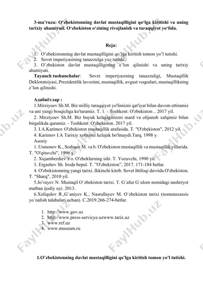 o‘zbekistonning davlat mustaqilligini qo‘lga kiritishi va uning tarixiy ahamiyati — DOCX
