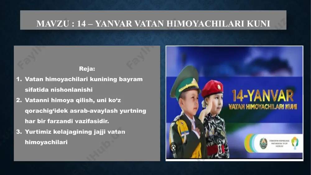 o‘lgan sohibqiron amir temur bobomiz haqida alohida to‘xtalishimiz tabiiydir. chunki azmu shijoat, mardlik va donishmandlik ramzi bo‘lgan bu mumtoz siymo buyuk saltanat barpo etib, davlatchilik borasida o‘zida ham amaliy, ham nazariy meros qoldirdi, ilmu fan, madaniyat, bunyodkorlik, din va ma'naviyat rivojiga keng yo‘l ochdi vatanga mehr-muhabati bo‘lmagan insonni ota-onasiga mehri bor desalar bunga ishonib bo‘lmaydi. ona vatanimizga sadoqatli bo‘lish, ajdodlar merosiga qiziqish, milliy ma'naviyatdan baxramandlik, o‘ziga ishonch, kelajak oldida ma'sullik tuyg‘ularini tarbiyalaydi. ta'lim muassasalarida “vatan himoyachilari kuni” tadbirlarini o‘tkazishning mazmun-mohiyati shundan iboratki, o‘quvchilardan respublikamiz qurolli kuchlarining salohiyati va obro‘si, mamlakatimiz mustaqilligi hamda xududiy yaxlitligi, xalqimizning tinch hayotini va mustaqillikni mustahkamlash yo‘lidagi bunyodkorlik mehnatini himoya qilish, yosh avlodni vatanparvarlik ruhida tarbiyalashdagi ahamiyatini keng yoritib berish, ularni o‘z vataniga sodiq va fidoiy insonlar etib tarbiyalash barcha ta'lim muassasalarining pedagogik jamoasining eng muhim vazifalaridan biriga aylangan bugungi kunda o‘quvchi yoshlarda vatan ravnaqi, yurt tinchligi, xalq farovonligi, komil inson, ijtimioy hamkorlik kabi milliy g‘oyalarning …