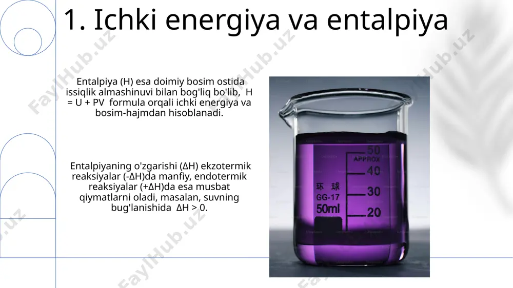 akkab kimyoviy reaksiyalarni bosqichma-bosqich sodda reaksiyalarga ajratib, ularning entalpiya o'zgarishlarini yig'indisi orqali umumiy entalpiya o'zgarishini aniqlashga imkon beradi. masalan, 2 bosqichli reaksiya uchun. gess qonuni bo'yicha, 1 mol ideal gazning izobar sharoitda 1 k ga qizdirilganda bajarilgan ish 8,314 j ga teng bo'ladi, bu esa gazning hajmining o'zgarishi bilan bog'liq. 12.standart hosil bo'lish issiqligi standart hosil boʻlish issiqligi reaksiyaning termodinamik xususiyatlarini bashorat qilishda, shuningdek, kimyoviy reaksiyalar issiqlik effektlarini hisoblashda muhim rol oʻynaydi, masalan, hess qonunida qoʻllaniladi. standart hosil boʻlish issiqligi, 298 k va 1 atm bosimda elementlarning eng barqaror allotropik shakllaridan 1 mol birikmaning hosil boʻlishiga sarflangan yoki ajralib chiqqan issiqlik miqdorini bildiradi. 13.kimyoviy termodinamika faniga kirish sistema holat funksiyalari, masalan, entalpiya (h) va entropiya (s), kimyoviy jarayonlarning issiqlik va tartibsizlik o'zgarishlarini tavsiflashda muhim rol o'ynaydi, ularning o'zgarishlari (δh, δs) reaksiya yo'nalishini belgilaydi. termodinamikada muvozanat konstantasi (k) reaksiya tezligi bilan emas, balki reaksiyaning muvozanat holatidagi reaksiya komponentlarining konsentrasiyalari nisbati bilan …