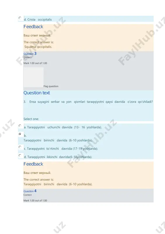 1.00 out of 1.00 flag question question text incisura ethmoidalis peshona suyadini qaysi qismlarini ajratib turadi? select one: a. o’ng va chap ko’z kosasi qismlarini. b. pastki ko’z kosasini ko’z kosasi usti qirrasidan. c. ko’z kosasini burun qismidan. d. burun qismini ko’z kosasini pastki qismidan. feedback ваш ответ верный. the correct answer is: o’ng va chap ko’z kosasi qismlarini. question 7 correct mark 1.00 out of 1.00 flag question question text os ethmoidale kallani qaysi qismida joylashgan? select one: a. kalla asosini oldingi pastki qismida. b. kalla asosining oldingi qismida. c. . kalla asosini yuqorgi qismida. d. ilma- teshik plastinkani pastki qismida. feedback ваш ответ верный. the correct answer is: kalla asosining oldingi qismida. question 8 correct mark 1.00 out of 1.00 flag question question text chaqaloqlatni g’lvirsimon suyagi necha qismdan iborat? select one: a. . 4 qismdan. b. 2 qismdan. c. qismlarga bo’linmaydi. d. 3 qismdan. feedback ваш ответ …