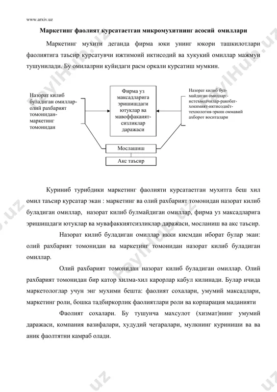 максадли бозорни танлаш, маркетингни ташкил этиш, маркетинг тузилмаси ва бошкариш каби маркетинг элеметидир. буларни куйидаги расм оркали ифдалаш мумкин. назорат килиб буладиган асосий омиллари маркетинг ваолий рахбарият томонидан назорат килиббулмайдиган омиллар-бу корхона фаолиятига бевосита ва билвосита таъсир этувчикорхона ва унинг маркетинг хизмати булими томонидан бошкариб булмайдиган элементларидир. бунда ишни эътиборга олиш кераклик хаттоки энг яхши тузилган режалар хам бу омиллар таъсирида барбод булиши мумкин. бу омилларни куйдаги расм оркали ифодалаш мумкин. истеъмолчилар маркетинг хизмати булими максадли бозорни танласа хам унинг характеристикаларини назорат кила олмайди. истеъмолчилар еши даромади, оилавий ахволи, ижтимоий келиб чикиши, ирки, дини ва бошкаларни кузда тутиши мумкин лекин уни бошкара олмайди. мисол болалар учун кийим – кечак тикувчи корхона уларга мос кийимларни янги турларини тикилишини йулга куйиши мумкин лекин уларни тугилишини камайтиришни еки купайтиришни иложини кила олмайди. ракобат. хар бир фирманинг бозордаги ракиби албатта унинг маркетинг стратегияси ва унинг бозордаги эришаетган ютукларига таъсир этишга харкат килади. шунинг учун …