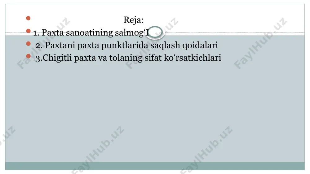 qo‘llaniladi. paxta eng arzon va keng tarqalgan mahsulot hisoblanadi. har yili butun dunyoda tayyorlanadigan barcha to‘qimachilik tolalarining qariyb yarmini paxta tolasi tashkil qiladi. paxtani qayta ishlab (tozalab), tola (30-40%), chigit (60-70 %) va momiq olinadi. chigit tarkibida esa 22-28 % gacha moy bo‘ladi. g‘o‘za bargi, poyasi va po‘stlog‘idan 100 dan ortiq, paxta tolasidan 50 ga yaqin, chigitidan 45 dan ortiq turli xil mahsulotlar olinadi. paxta mahsulotlaridan sanoatning ko‘pgina tarmoqlarida (to‘qimachilik, aviatsiya, ximiya, meditsina, avtomobil va boshqa sohalarda) keng foydalaniladi. bir tonna chigitli paxtadan 350-380 kg tola, 550-570 kg chigit, 50-120 kg momiq olinadi. bir kilogramm toladan 5 m gazlama yoki 140 ta g‘altak ip ishlab chiqariladi. bir gektar yerda yetishtirilgan paxtadan o‘rtacha hosildorlik 30 sentner bo‘lganda shuncha mahsulotdan 7-8,5 ming metr gazlama, 270 kg paxta moyi, 730 kg kunjara, 47 kg sovun, 108 kg momiq, 240 kg chigit va boshqa mahsulotlar olinadi. shunday ekan, paxta yetishtirishni rivojlantirish bilan birga paxta …