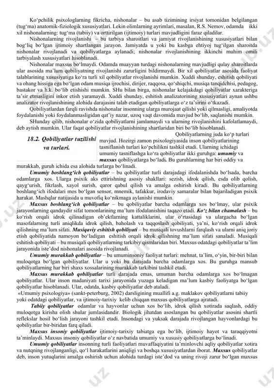 anib boradi. qobiliyatga yaqinroq turadigan tushunchalar ko‘nikma va malakadir. ular faoliyat mexanizmini tashkil qiladilar. hamda ular qobiliyat bilan birgalikda mahoratga erishishni ta’minlaydilarki, buning natijasida mehnatda katta yutuqlar qo‘lga kiritiladi. qobiliyatli, ammo noshut inson ko‘p narsaga erisha olmaydi. qobiliyat ko‘nikmada ro‘yobga chiqadi. darhaqiqat, qobiliyatli kishining ko‘nikma va malakalari ko‘p qirrali va mukammallashgan bo‘ladi. shuning bilan birga ko‘nikma va malalakalar etishmagan qobiliyatni bir muncha to‘ldirish yoki undagi kamchilikni tugatish mumkin. ko‘nikmalarni umumlashmasi mohirlik deb ataladi. mohirlik ham qobiliyatning o‘zginasidir. har qanday qobiliyat ham murakkab bo‘lib, u kishiga turli-tuman talablar qo‘yadi. agar shaxs xususiyatlari tizimi shu talabga javob bera olsa kishi faoliyatni muvaffaqiyat bilan amalga oshirish uchun o‘z qobiliyatliligini ko‘rsata oladi, agarda xususiyatlardan qaysi biri rivojlanmagan bo‘lsa, shaxs mehnatning muayyan turiga nisbatan ham qobiliyatli deb baholanadi. har bir qobiliyatning o‘ziga xos tuzilishi mavjud. qobiliyat tarkibida tayanch va etakchi xususiyatlarni, muayyan asosiy yoki yordamchi xususiyatlarni farq qilish lozim. barcha qobiliyatlar uchun asosiy tayanch xususiyat …
