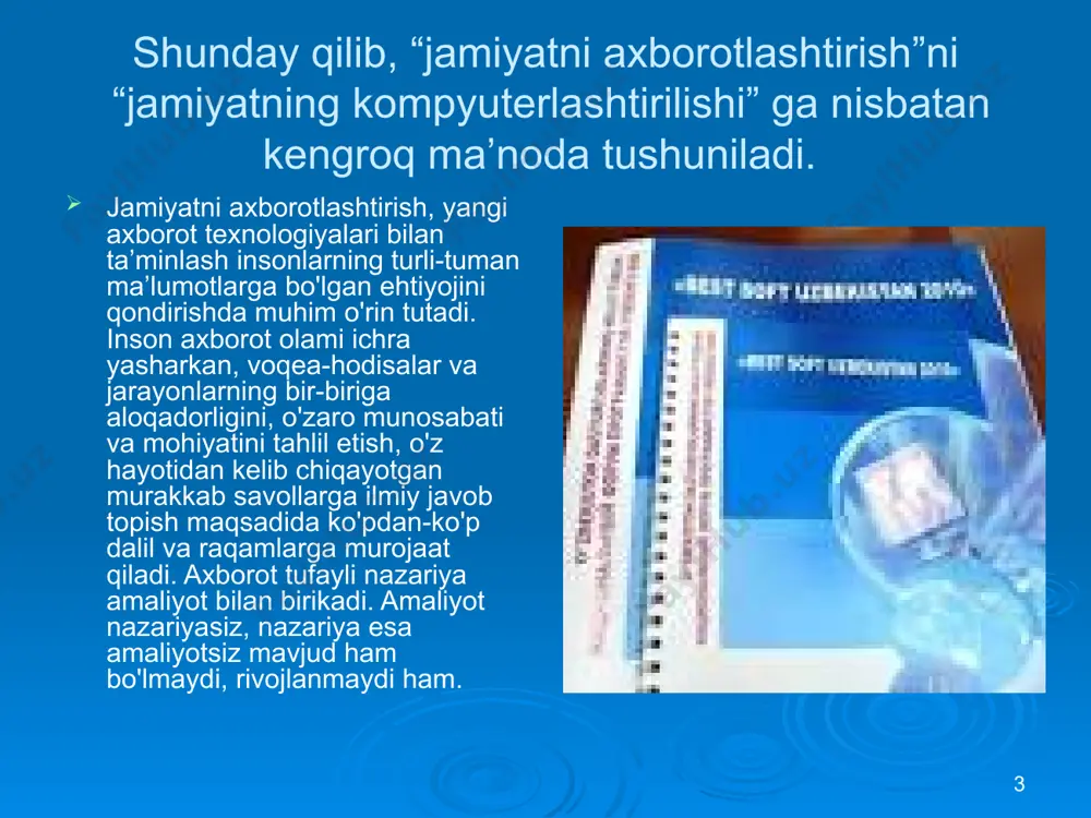 sh texnikasining xizmati beqiyos ekanligiga ish­onch hosil qilinmoqda. respublikamizning mustaqilligi va uning jahon hamjamiyatidagi obro'yi ortib borayotganligi va shu tufayli, axborotlarni nafaqat davlatimiz ichida, balki dunyodagi boshqa davlatlar bilan almashinuvi masalasining ijobiy hal etilishi, bu axborotlar respublikamizning iqtisodiy va ijtimoiy ahvolini yuksaltirishga qaratilganligidir. 10 bugungi kunda butun jahonda bu borada katta ishlar amalga oshirilmoqda. aloqa sohasida ham axborot texnologiyalari yangi pog'onaga ko'tarilmoqda. bu o'rinda elektron pochta, elektron hujjat alohida ahamiyatga ega. elektron pochta o'zaro bog'langan kompyuterlar tarmog'i yordamida matbuot xabarlari (matn, rasm, chizma) va hatto tovushli axborotni foydalanuvchiga yetkazish uchun xizmat qiladi. shuningdek, u istalgan vaqtda kerakli ma’lumotni izlash va undan foydalanish imkonini beradi. elektron hujjat - elektron shaklda qayd etilgan, elektron raqamli imzo bilan tasdiqlangan hamda elektron hujjatning uni identifikatsiya qilish imkonini beradigan boshqa rekvizitlarga ega bo'lgan axborotdir. e’tiboringiz uchun rahmat image2.wmf image3.jpeg image4.jpeg image5.jpeg image6.jpeg image7.jpeg image8.jpeg image9.jpeg image10.jpeg image11.jpeg image12.jpeg image13.jpeg image1.jpeg /docprops/thumbnail.jpeg