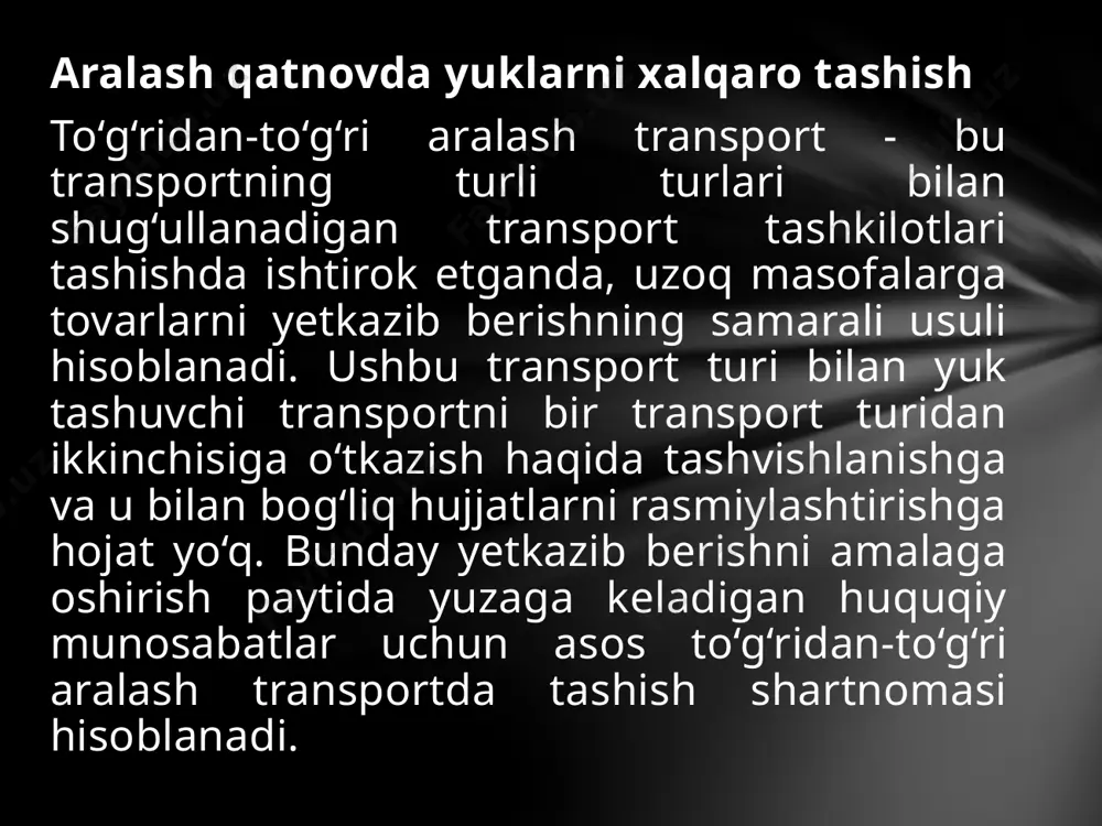 eklaydi. xalqaro yuk tashish sohasidagi huquqiy munosabatlarni nizoli tartibga solish turli xil nizolar qoidalarining ko‘pligi, ularning keng tizimi bilan tavsiflanadi. umumiy to‘qnashuv bog‘lanishiga qo‘shimcha ravishda, ko‘plab maxsus narsalar (bayroq qonuni va boshqalar) qo‘llaniladi. xalqaro yuk tashishda eng muhim to‘qnashuv prinsiplari avtonomiya va kema qonunidir. dengiz orqali xalqaro yuk tashish shartnoma asosida amalga oshiriladi. yuk tashuvchi - yuk jo‘natuvchi yoki yuk oluvchi bilan dengiz orqali yuk tashish to‘g’risida shartnoma tuzgan yoki uning nomidan shunday shartnoma tuzilgan shaxs. dengiz orqali yuk tashish shartnomasi yozma shaklda tuzilgan va shartnomaning mavjudligi va mazmuni boshqa yozma dalillar bilan tasdiqlanishi mumkin - ustavda, avtotransportda va boshqalar. tovarlarni muntazam ravishda dengiz orqali tashishni amalga oshirishda tashuvchi va yuk egasi bunday operatsiyalarni tashkil etish to‘g’risida uzoq muddatli shartnomalar tuzishlari mumkin. dengiz transportida yo‘lovchilarni tashish to‘g’risidagi shartnomaga binoan, tashuvchi yo‘lovchini belgilangan joyga etkazishga rozi bo‘ladi va agar yo‘lovchi yukni olib ketsa, u erga tegishli buyumlarni yetkazib beradi. tashuvchi belgilangan …