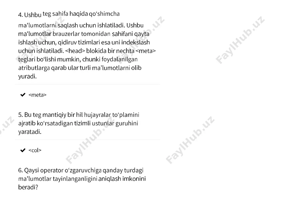 to'g'ri 16 foiz 80.0 1. php dasturlash tili eng keng tarqalgan dasturni topdi: veb-ilovalarni ishlab chiqish 1. doimiy onlayn boʻlgan serverda ma'lumotlarni joylashtirish uchun resurslarni taqdim etish xizmati? xosting 1. javascript qaysi html tegidan keyin kiritilishi kerak? 1. jadval nomi uchun qanday teg ishlatilishi kerak? caption 1. bu teg matn qismlarini sariq fon bilan belgilash orqali ajratib koʻrsatadi. 1. soya quti ichida koʻrsatilishi uchun box-shadow xususiyatida qanday qiymat koʻrsatilishi kerak? inset 1. foydalanuvchi ochishi yoki yopishi mumkin boʻlgan interaktiv vidjetni yaratadi. kontent uchun konteynerni ifodalaydi, vidjetning koʻrinadigan sarlavhasi tegida joylashgan. 1. mavjud sahifa elementlariga jquery-ning barcha funksiyalarini "ulash" imkonini beradi $(elements) 1. oʻzgaruvchilardan qaysi biri taqiqlangan nomdan foydalanadi? $myvar 1. php da funksiya yaratishning toʻgʻri yoʻlini koʻrsating: funktsiya newfunction() 1. php da barcha oʻzgaruvchilar qaysi belgi bilan boshlanadi? $ 1. bu teg tasvir xaritasidagi muayyan hududga yoki tasvir xaritasidagi faol maydonga mos keladigan matnga ega giperhavoladir. har doim tegi ichiga …