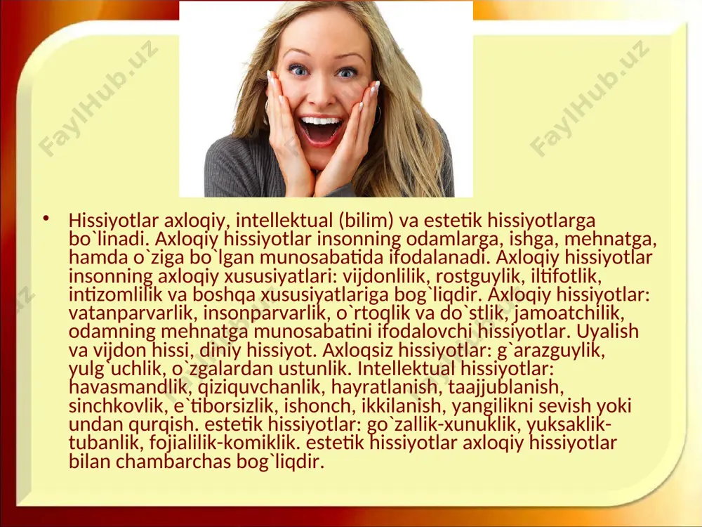 ik holatlariga qarab, jahldor, quvnoq, ma`yus kishilarga ajratish mumkin. ma`naviy his-tuyg`ular shaxsni jiddiy xarakterlab beradi. agar ular kishini muayyan ijobiy harakatlarga undaydigan bo`lsa, bu hol shaxsning yuksak ma`naviy darajaga ega ekanligidan dalolat beradi. qarama-qarshi his-tuyg`ularning kishilarga g`arazgo`ylik va hatto nafrat bilan qarash, rangi sovuqlikning kishini toshyurak , shafkatsiz o`zidan boshqani sevmaydigan befarq shaxsiyatparastga aylantiradi. nafrat tuyg`usi vatan dushmanlariga , tekinxo`rlarga qaratilgan bo`lsa bu boshqa gap. o`zining emosiyalarini boshqara bilish kishi hayotida katta ahamiyatga egadir. o`zining his-tuyg`ularini yaxshi bosib tura oladigan shaxs mayda, tuban kishini ezadigan kechinmalardan ancha yuqori turadi va chinakamiga baxtiyor bo`ladi. hissiyotlar shaxs faoliyatining muhim jabhasi sifatida insondagi keng emotsional sohasining rang-barangligi, ko'p qirraligi haqida emotsional ton (yunoncha tonos - zo'riqish, urg'u berish ma'nosini bildiradi), emotsiyalar (lotincha emovere - qo'zg'atish, hayajonlanish demakdir), affektlar (lotincha affectus - ruhiy hayajon, shijoat, ehtiros ma'nosini anglatadi), stress (inglizcha stress - zo'riqish deganidir) va kayfiyat kabi tushunchalar orqali muayyan tasavvur berish imkoniya-tiga ega. …