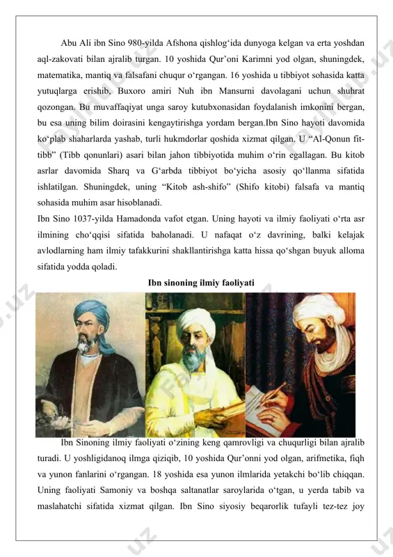 gan, u yerda tabib va maslahatchi sifatida xizmat qilgan. ibn sino siyosiy beqarorlik tufayli tez-tez joy almashgan, ammo bu uning ilmiy izlanishlariga to‘sqinlik qilmagan. aksincha, u o‘z tajribalarini kitoblarda jamlagan. tibbiyot sohasidagi xizmatlari ibn sino tibbiyotni zamonaviy tibbiyotning otasi sifatida tan olingan. u tibbiyotni ilmiy asosga qo‘yib, tajribaviy usullarni joriy etgan. uning tibbiyotdagi xizmatlari quyidagilarda namoyon bo‘ladi: kasalliklarning sabablarini o‘rganish, tashxis qo‘yish usullarini takomillashtirish va dori-darmonlarni tasniflash.chuqur tahlil: ibn sino kasalliklarning yuqumliligini birinchi bo‘lib ta’kidlagan. u kasalliklar havodagi ko‘zga ko‘rinmaydigan zarralar orqali tarqalishini faraz qilgan, bu bugungi mikrobiologiyaning asosini qo‘ygan. amaliy misol: u sil (tuberkulyoz) kasalligini yuqumli deb hisoblagan va bemorlarni izolyatsiya qilishni tavsiya etgan. bu zamonaviy karantin tizimiga o‘xshaydi. yana bir misol – diabet kasalligini tavsiflashda u siydikning shirinligini qayd etgan va bu kasallikning metabolik buzilishidan kelib chiqishini taxmin qilgan. bu dalil ibn sinoning kuzatuvchanligini ko‘rsatadi: u siydikni tatib ko‘rib, shirinlikni aniqlagan va bu orqali kasallikni tashxislagan.ibn sino anatomiyani …