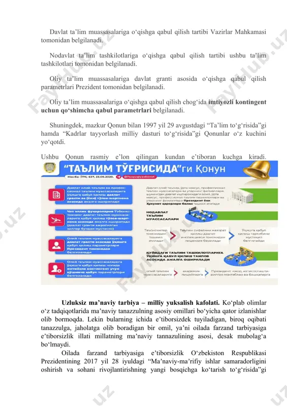 da”gi qarorida ichki tahdid sifatida qayd qilinib, mazkur tahdidga qarshi samarali g‘oyaviy kurash olib borish vazifasi qo‘yildi. yuqoridagi masalani nechog‘lik xavotirli va dolzarbligi to‘g‘risidagi mulohazalarni asoslashda respublika maʼnaviyat va maʼrifat markazi tomonidan bugungi murakkab mafkuraviy jarayonlarni ilmiy-amaliy jihatdan atroflicha tahlil qilish, baholash, ustuvor yo‘nalishlarni aniqlab, ularning aholi turli qatlamlariga taʼsirini o‘rganish va zarur maqsadli va manzilli tavsiyalar ishlab chiqishga qaratilgan “jamiyatda ijtimoiy-maʼnaviy muhit holatini aniqlash va manzilli sog‘lomlashtirish metodikasi” hamda “uzluksiz maʼnaviy tarbiya konsepsiyasi” asosida joylarda o‘tkazilgan so‘rovlar natijalaridan misollar keltirish mumkin. jumladan, mazkur tashxis ishlarida aholi orasida ota-onalarning farzandiga yaxshi tarbiya berishi uchun nima xalaqit berayapti deb o‘ylaysiz? deb berilgan savolga navoiy (60%), jizzax (57,4%), sirdaryo (57%), samarqand (53%), buxoro (44%) viloyati hamda toshkent shahrida (50%) “ota-onalar tarbiya metodlarini bilmaydi va tarbiyadagi oilaning masʼuliyatini anglamasligi” deb javob berishgan, bu ko‘rsatkichlar ota-onalarning farzand tarbiyasiga eʼtibor borasida masalani jiddiy o‘ylab ko‘rishlarini taqazo qiladi. keyingi yillarda mamlakatimizda yoshlar tarbiyasiga eʼtibor davlat siyosati …
