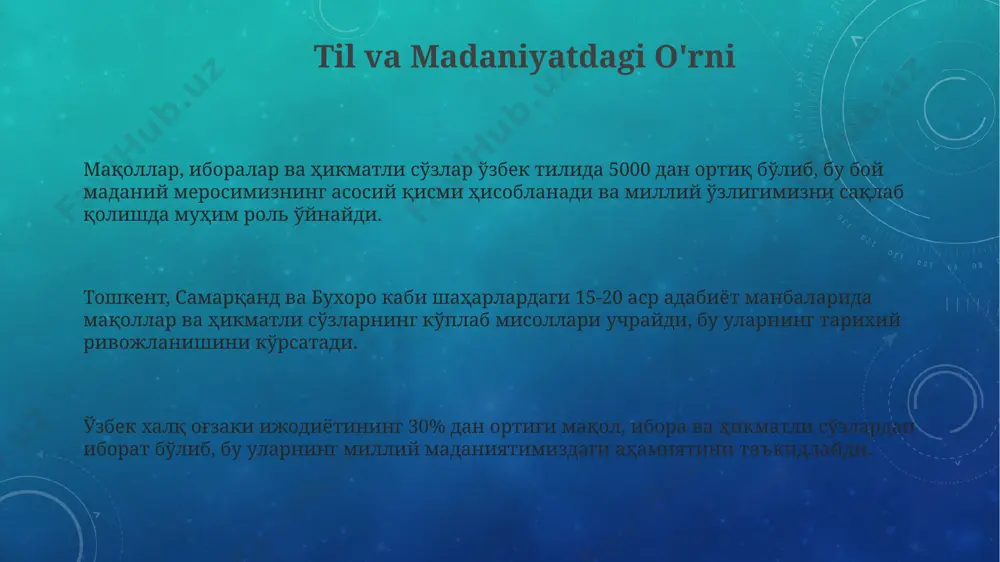 g dolzarbligini ko'rsatadi. lug'at boyligidagi ajralmas qismlar o'zbek tilining 100 dan ziyod so'z birikmalarini o'z ichiga olgan "ajralmas qismlar" lug'ati 1980-yillarda toshkentda nashr etilgan. "lug'at boyligidagi ajralmas qismlar" atamasi 20 dan ortiq til oilalarini o'z ichiga olgan 30 ga yaqin turkiy tillarning leksik boyligini o'rganishda muhim ahamiyat kasb etadi. lug'at boyligidagi 5000 dan ortiq maqol va hikmatli so'zlar, jumladan, buxoro, samarqand va xivada yig'ilgan 15-asrga oid qo'lyozmalarda uchraydi. e'tiboringiz uchun rahmat @taqdimot_robot image3.png