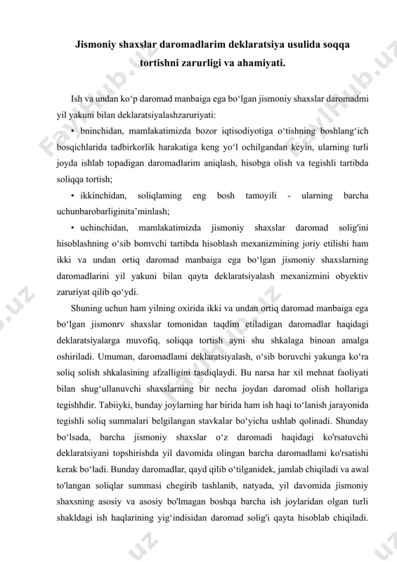 'rsatishi kerak bo‘ladi. bunday daromadlar, qayd qilib o‘tilganidek, jamlab chiqiladi va awal to'langan soliqlar summasi chegirib tashlanib, natyada, yil davomida jismoniy shaxsning asosiy va asosiy bo'lmagan boshqa barcha ish joylaridan olgan turli shakldagi ish haqlarining yig‘indisidan daromad solig'i qayta hisoblab chiqiladi. natijada, soliq to‘lovchiga ortiqcha to‘lagan soliq summalan qaytariladi. bozor iqtisodiyotiga o‘tilishi bilan, odamiarda turli daromad manbalari paydo bo‘la boshladi, jumladan chet daviatlarda ham har bir shaxs ishlash orqali daromadlarga ega boilmoqda. masalan, davlat soliq qo‘mitasining ma’lumotlariga ko‘ra, 2000-yilda 3763 ta shaxs aqsh, koreya va germaniya davlatlarida ishlab erkin almashtiriladigan valyutada daromadga ega boiiganlar, biroq deklaratsiyataqdimetmagan. hisob-kitob qilinganda, ularning daromadlaridan juda katta miqdorlarda qo'shimcha soliq hisoblandi. bu holat bizningcha, ishchi kuchi eksportini sekinlashtiradi va tabiiyki, mamlakatga valyuta oqimini kamaytiradi. 1999-yildan boshlab, tadbirkorlik bilan shug‘ulianuvchi jismoniy shaxslar uchun daromad solig‘i qat’i stavkalarda to'lanadigan bo‘ldi. ushbu holat chekinishga olib keladi. chunki daromad miqdoridan qat’i nazar, sohqqa tortish mexanizmi soliqqa tortishda tenglik tamoyilidan …
