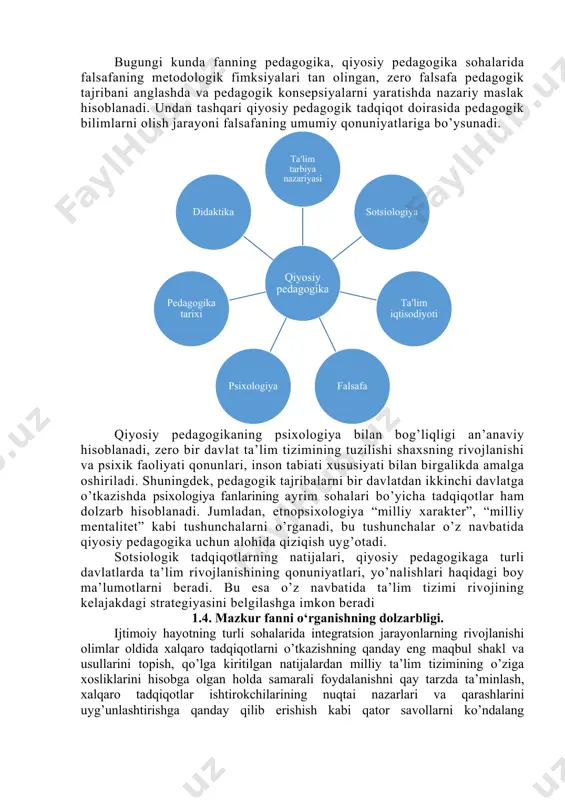 alar va pedagogik nazariya deb hisoblaydi. b.suxodol’skiy esa qiyosiy pedagogikaning tadqiqot predmeti ancha keng ekanligini, u ta’lim mazmuni va metodlari, o’qitishni tashkil qilish masalalarini ham qamrab olishini ta’kidlaydi. rus olimi a.m.stolyarenko qiyosiy pedagogikaning predmetini pedagogika va maktab amaliyoti bo’yicha butun dunyo miqyosidagi tajribalar deb hisoblaydi va qiyosiy pedagogikaning asosiy maqsadi pedagogika va maktab amaliyotini takomillashtirish bo’yicha dunyo ta’lim tizimi tajribalariga asoslangan tavsiyalarni ishlab chiqishdan iborat deb ta’kidlaydi. yuqoridagi fikrlardan xulosa qilib aytadigan bo’lsak, qiyosiy pedagogikaning predmeti turli davlatlarda, turli tarixiy davrlarda mavjud bo’lgan ta’lim tizimidir. qiyosiy pedagogikaning predmeti - jahon (chet el va milliy) pedagogik tajribani rivojlanish holati, tendentsiyalari va qonuniyatlari hamda zamonaviy milliy pedagogik madaniyat. qiyosiy pedagogikaning asosiy vazifalari: 1. chet el ta’lim tizimi rivojining real jarayonlarini aks ettiruvchi yangi va yaxshi, ma’lum bo’lmagan jihatlarini tizimli bayon etish. 2. jahon mamlakatlarida ta’lim tizimi rivojlanishining muhim qonuniyat va tendentsiyalarini aniqlash hamda tahlil etish va tizimlashtirish. 3. turli davlatlar ta’lim tizimi …