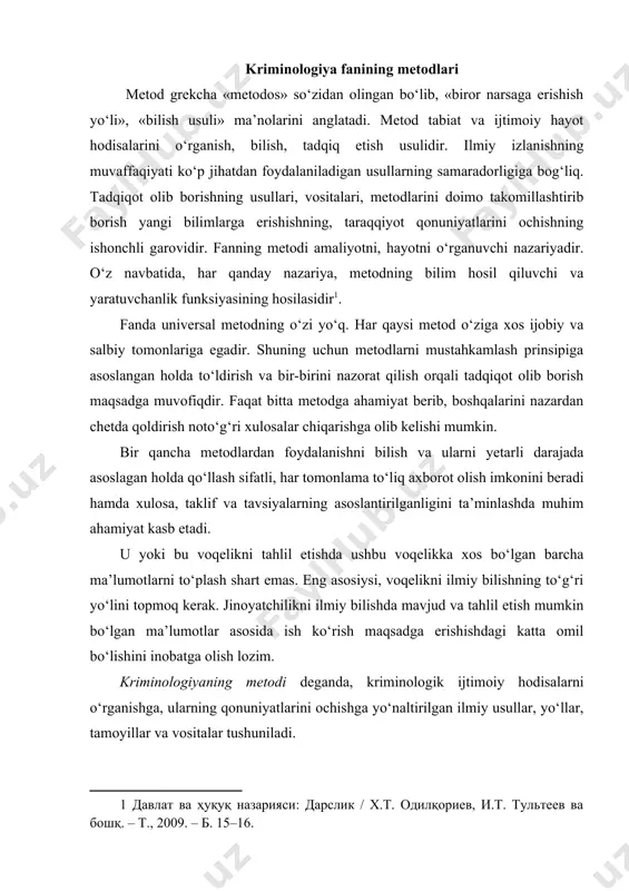 shuniladi. kriminologiya o‘z oldiga qo‘yilgan vazifalarni bajarishda barcha metodlarning bir butun tizimiga tayanadi. shu bois kriminologiyaning metodlarini umumiy ilmiy va xususiy ilmiy metodlarga ajratish mumkin. umumiy ilmiy metodlar – tabiat, jamiyat va tafakkur hodisalarini o‘rganishda qo‘llaniladigan eng umumiy yondashuvlar, usullar, bilishning umumiy prinsiplaridir. kriminologik bilish jarayonida quyidagi umumiy ilmiy metodlar qo‘llaniladi: · dialektik metod; · abstraksiya metodi; · deduksiya metodi; · induksiya metodi; · analiz (tahlil) metodi; · sintez metodi; · umumlashtirish metodi; · qiyoslash metodi; · mantiqiy metod; · statistik-matematik metod; · tarixiy metod; · sotsiometriya metodi; · kibernetik metod; · internetdan foydalanish metodi va boshqalar. shu o‘rinda ushbu umumiy ilmiy metodlar mazmuniga kriminologiya nuqtai nazaridan qisqacha to‘xtalib o‘tish joiz. dialektik metod – barcha fanlar uchun umumiy, universal metod. dialektika nazariyasi – voqeliklarning umumiy aloqadorligi va doimiy rivojlanish holatida bo‘lishi to‘g‘risidagi ta’limot. dialektik metod – o‘rganilayotgan masalalarni tarixiy voqealar bilan bog‘lab, ilmiy obyektivlik asosida o‘rganish usuli. ilmiy obyektivlik o‘rganilayotgan …