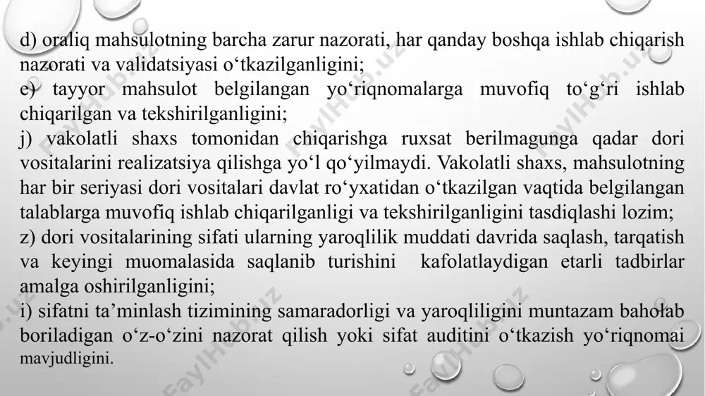 oniqarli deb tan olinmagunga qadar ruxsat etilmasligini kafolatlanadi. sifat nazoratigaquyidagiasosiy talablar qo‘yiladi: a) zarur binolar va asbob-uskunalar, o‘lchov vositalari, o‘qitilgan xodimlar va xom ashyo, o‘rab-joylash materiallari, oraliq, qadoqlanmagan va tayyor mahsulotlar namunalarini tanlab olish, nazorati va sinovi, shuningdek, zarur hollarda, mazkur standartni bajarish maqsadida atrof-muhitni nazorat qilish uchun tasdiqlangan uslublarning mavjudligi; b) xom ashyo, o‘rab-joylash materiallari, oraliq, qadoqlanmagan va tayyor mahsulotlar namunalarini tanlab olish sifat nazorati bo‘limi tomonidan tasdiqlangan xodimlar tomonidan va tegishli usullar bilan amalga oshiriladi; v) sinov usullari validatsiyadan o‘tishi lozim; g) namunalarni tanlab olish, nazorat qilish va sinov uslublari bo‘yicha barcha tadbirlar haqiqatan amalga oshirilganligini hujjatlar asosida tasdiqlovchi bayonnomalr (qo‘lyozma usulida va/yoki yozib oladigan asbobdan foydalangan holda) tuzilishi lozim. barcha keskin chetlanishlar to‘liq bayonnomalashtirilgan va o‘rganilgan bo‘lishi lozim; d) tayyor mahsulot tarkibiga sifat va miqdor tarkibi bo‘yicha ro‘yxatdan o‘tkazish hujjatiga muvofiq bo‘lgan faol ingredientlar va yordamchi moddalar kirishi lozim; ular talab etilgan tozalik darajasiga ega bo‘lishi, to‘g‘ri …