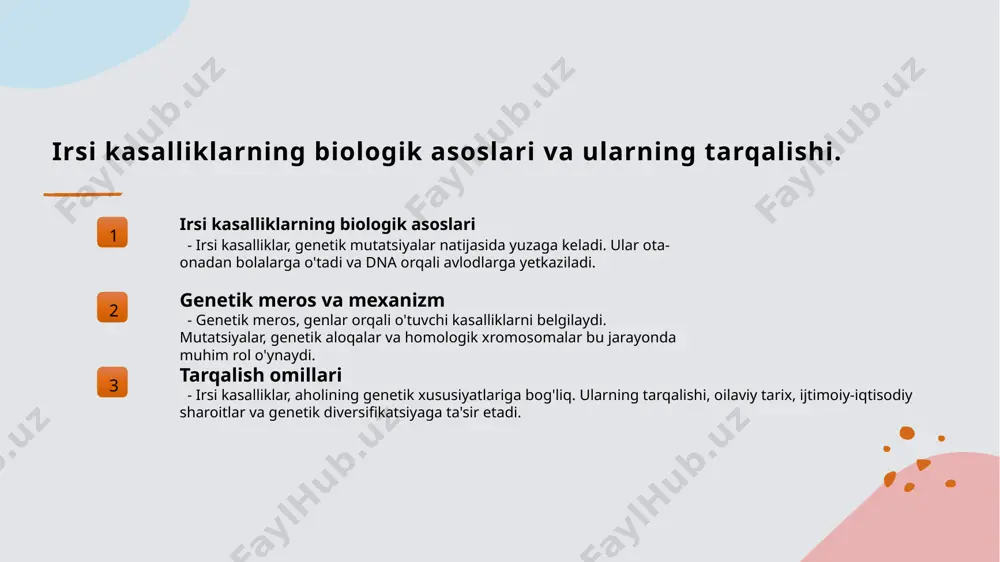 iqlash va profilaktik choralarni ishlab chiqish uchun muhimdir, bu sog'liqni saqlash tizimini rivojlantirishga yordam beradi. irsi kasalliklar uchun zamonaviy davolash usullari va yutuqlar. gen terapiyasi gen terapiyasi irsi kasalliklarning sababini to'g'ridan-to'g'ri tuzatish imkonini beruvchi zamonaviy usuldir. bu usul orqali genetik xatolar tuzatiladi. zamonaviy dori vositalari irsi kasalliklarning davolashida zamonaviy dori vositalari, masalan, monoklonal antikorlar va genetik modifikatsiyalangan dorilar keng qo'llanilmoqda. bu dorilar kasallik belgilari bilan samarali kurashadi. o'zbekistondagi yutuqlar o'zbekistonda irsi kasalliklarni davolashga qaratilgan bir qator tadqiqotlar va loyihalar amalga oshirilmoqda. bu yutuqlar, mahalliy aholi uchun yangi imkoniyatlar yaratmoqda. oldini olish strategiyalari: irsi kasalliklarning tarqalishini kamaytirish yo'llari. 1 genetik maslahatlar genetik maslahatlar orqali irsi kasalliklarni oldini olishda ota-onalarga genetik xavflar haqida ma'lumot berish va qaror qabul qilishda yordam beriladi. 2 oziqlanish va turmush tarzi sog'lom oziqlanish va to'g'ri turmush tarzi irsi kasalliklarning tarqalishini kamaytirishga yordam beradi, chunki ular organizmning umumiy sog'lig'ini yaxshilaydi. 3 o'zbekistonda tadqiqotlar o'zbekistonda irsi kasalliklar bo'yicha tadqiqotlar …