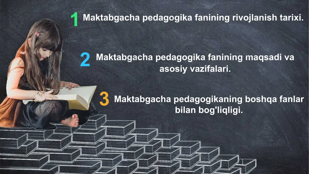 : onalar bilan bolalar birga kelishi, ular bilan o‘ynashi va bog’bon qizlardan o`rganishi mumkin borgan. f.frebel bolalar tarbiyasiga katta e’tibor qaratar ekan, frebel o'yinlarni o‘z uslubiyotining asosi deb bilgan, bular: ijodiy, harakatli, fantaziyali, taqlidli va h.z. o‘yinlar. shuni ta’kidlash kerakki, aynan frebel didaktik о‘yinlar tizimini yaratishga asos solgan. u didaktik o‘yinlar va turli tuman mashg’ulotlarni o‘tkazish bo‘yicha uslubiy ko‘rsatmalami ishlab chiqqan. olim olib borgan ishlar unda shunday e’tiqodni shakllantirdiki, «bolalar o‘yini - bu turmush ko‘zgusi va ichki olamning erkin namoyishi»dir. frebel mayda motorika yordamida bolalar nuqtini rivojlantirishni taklif qilgan. u ilk yoshdagi va maktabgacha yoshdagi bolalar nutqining rivojlanish bosqichlarini batafsil ko‘rsatib bergan hamda buyum bilan tanishishni uning nomini atashdan boshlash kerak, degan talabni ilgari surgan 6 frebel xilma-xil bolalar faoliyati turlari va mashg’ulotlarni taklif etgan, bular: mozaika, munchoqlar, cho‘plar, qog’ozlar, bo‘yoqlar bilan ishlash, rasm chizish, qog’ozdan to‘qish, qog’ozni qirqish, loydan narsalar yasash. origamiga katta e’tibor qaratilgan (ya’ni qaychidan foydalanmasdan turib, …
