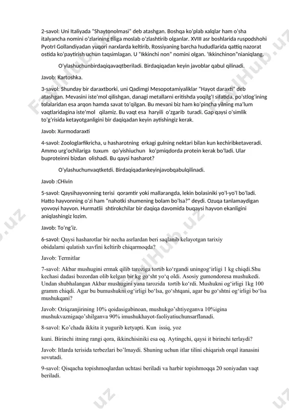 zlari bo’lmaydi. shuning uchun itlar tilini chiqarish orqal itanasini sovutadi. 9-savol: qisqacha topishmoqlardan uchtasi beriladi va harbir topishmoqqa 20 soniyadan vaqt beriladi. 1-topishmoq: kichkina, kulranggina, filgao’xshaydi. javob: filning bolasi. 2-topishmoq: yo’l-yo’l to’ni bor, odam qo’rqarturqi bor. javob: yo’lbars 3-topishmoq: ko’k ko’ylakli xotinsariq bola ko’targan. javob: makkajo’xori 10-savol: insonlarga uchmarta, to’rt marta va undan ham ko’p berilishi mumkin. birinchi va ikkinchi marta berilganda bepul beriladi, ammo uchinchi marta yoki undan keyin berilganda pul to’lash kerak bo’ladi. u nima? javob: tishlar 11-savol: qaysi yegulikni pishirishda qancha tuz solsa ham sho’r bo’lib ketmaydi? javob: qaynatilgan tuxum. 12-savol: o’rdaklar suv ichishga qator bo’lib ketayotgan edi. o’rdaklardan biri oldinga qarab, 17 ta boshni ko’rdi. orqasida esa 42 ta panja kelayotgan ekan. aytingchi, jami nechta o’rdak suvichishga ketyapti? javob: 39 ta. oldinda 17 ta o’rdak, orqasida 21 ta. shuningdek boshini oldinga va orqaga burgan o’rdakning o’zi ham. natijalar hisolanganigan qadar ______sinf o’quvchilari tomonidan __________________________________________________________qo’shig’i jro qilinadi. …