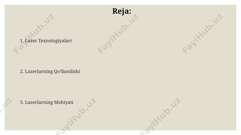ri esa kengroq nur chiqaradi. lazer xossalari lazer nurining kuchi (vatlarda o'lchanadi) va yorug'lik intensivligi juda yuqori bo'lishi mumkin, bu esa turli xil qo'llanmalar, masalan, jarrohlik amaliyotlari yoki materiallarni kesishda qo'llanilishiga imkon beradi. lazer xossalari orasida yuqori darajadagi monoxromatiklik (to'lqin uzunligining tor diapazoni, masalan, 1 nm atrofida) mavjud bo'lib, bu aniq rangli nur hosil qiladi. lazer nurlari yuqori darajada ko'ndalang koherentlikka ega, ya'ni nur to'lqinlari fazasida bir-biriga yaqin, bu ularning uzoq masofalarga tarqalishini minimallashtiradi. lazer turlari yarimo'tkazgichli lazerlar, kichik o'lchamlari, yuqori samaradorligi va past narxlari tufayli, cd pleerlar, lazer printerlar va optik tolali aloqa tizimlarida keng qo'llaniladi. gazli lazerlar, masalan, geliy-neon lazerlari, yuqori darajadagi monoxromatiklik va yo'naltirilganlik bilan ajralib turadi va ularni optik aloqa va spektroskopiyada qo'llashga imkon beradi. lazerlarning to'lqin uzunligi 100 nm dan 1 mm gacha bo'lgan diapazonda o'zgarib turadi va bu ularning turli xil materiallar bilan o'zaro ta'sirini belgilaydi, shuningdek, tibbiyot, sanoat va tadqiqotlarda turli xil qo'llanmalarga …