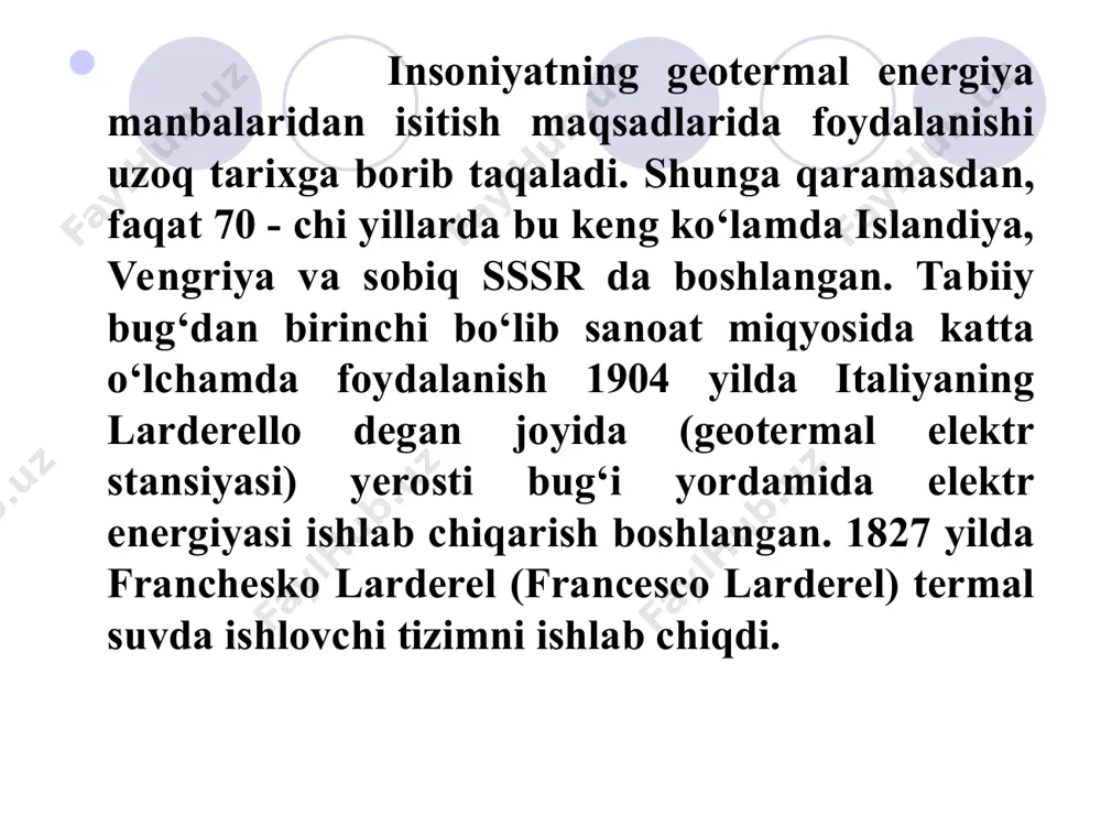 avjud. yer ichidagi bu harorat kanchaga tengligi anik ma’lum emas, agar otilib chiqayotgan lavalar yoki yashirish holatda yer ostida turgan termal manbalar, geyzerlar misolida oladigan bo‘lsak, ular butun yer sharidagi insoniyatni zarur energiya bilan ta’minlashga yetarli ekanligiga amin bo‘lamiz. yana bu energiya, qayta ishlash uchun xech qanday reaktor yoki yoqilg’i talab qilmaydigan toza energiya manbasidir mutnov geoes – kamchatka (rossiya) geotermal konlari to‘rtta turga bo‘linadi: ˗ quruq(namsiz) bug‘ konlari; ˗ nam bug‘ konlari; ˗ qaynoq suv konlari; ˗ qizigan quruq jinslardan iborat konlar. namsiz(quruq) bug‘ konlari misoliga larderello(italiya) va katta geyzerlar vodiysi (kaliforniya shtati-aqsh) konlarini keltirish mumkin. uayrakey va yangi zelandiyadagi boshqa konlar o‘ta qizigan suv konlari turiga kiradi. geotermal energiya turlari yordamida elektr energiya ishlab chikarishdan tashqari, bu konlardan qo‘shimcha maxsulotlar tabiiy gaz, mineral xom-ashyo va chuchuklashtirilgan suv ham olish mumkin. ko‘pgina mutaxassislar geotermal energiya boshka energiya manbalari bilan tan narxi va atrof-muxitga ta’siri jihatidan raqobatdosh bo‘lishi mumkinligi ta’kidlashadi. …
