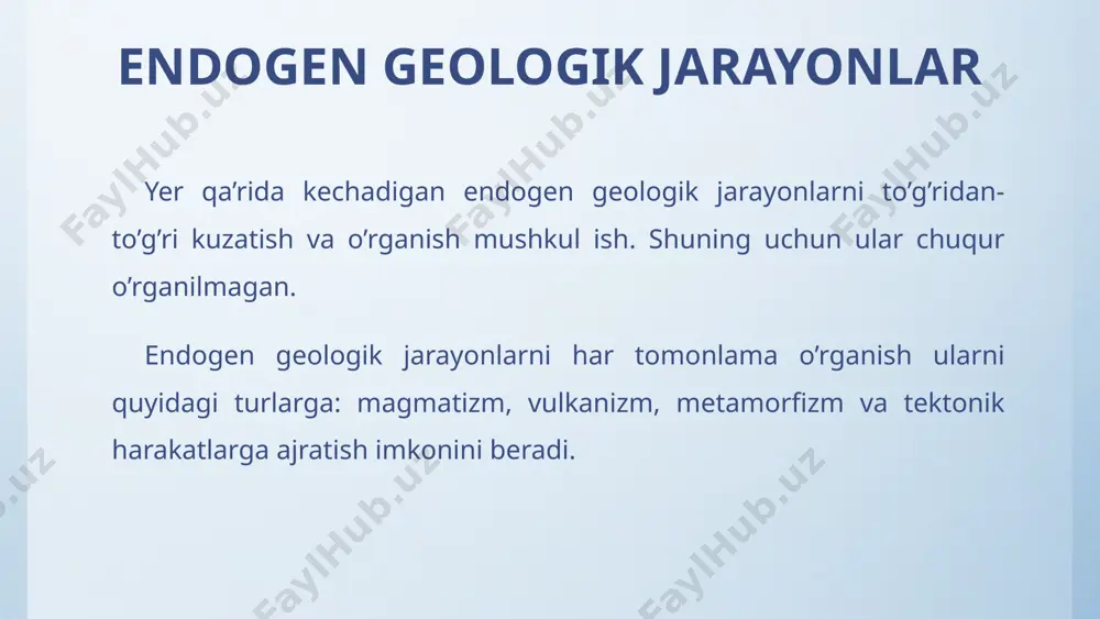 ar ballar magnitudalar 4-5 3.0-3.9 9-11 7.0-7.9 6-7 5.0-5.9 11-12 8.0-9.8 7-9 6.0-6.9 gorizontal tektonik harakatlar burma hosil qiluvchi va umuman gorizontal tektonik harakatlar yer po’stida hosil bo’lgan tog’ jinsiarining birlamchi yotish holatini o’zgartiruvchi harakatlardir. ular qatlamlarni egib-bukib tashlaydi, yoriqlar va darzliklar paydo qiladi. egiluvchan va bukiluvchan bo’lgan tog’ jinslari burmalar shakliga kiradi. qatlamlarning egilib-bukilishi, yaxlitligining buzilishi hamda uzilib ajrashi natijasida hosil bo’lgan shakllar (strukturalar) tektonik buzilmalar deb nomlanadi. tektonik buzilmalar ikki katta guruhga ajratiladi: 1) burmali (plikativ) va 2) uzilmali (dizyunktiv) buzilmalar. “burmali buzilmalar.” bunday buzilmalarning asosiy ko’rinishiaridan biri burmadir. gorizontal tektonik harakatlar “burma” deb qatlamlarning to’lqinsimon bukilishiga aytiladi. qavariq burmalar antiklinal, botig’i eas sinklinal deb ataladi. barcha burmalarning quyidagi elementlari mavjud: qanotlari, qulfi va yadrosi (5-rasm). 5-rasm. burmaning tuzilishi va elementlari. gorizontal tektonik harakatlar burmadan tashqari bu guruhga yana monoklinal va fleksura kabi burmalar ham kiradi. tog’ jinsi qatlamlarining bir tomonlama qiya yotishi “monoklinal” deb ataladi. “fleksura” deb, …