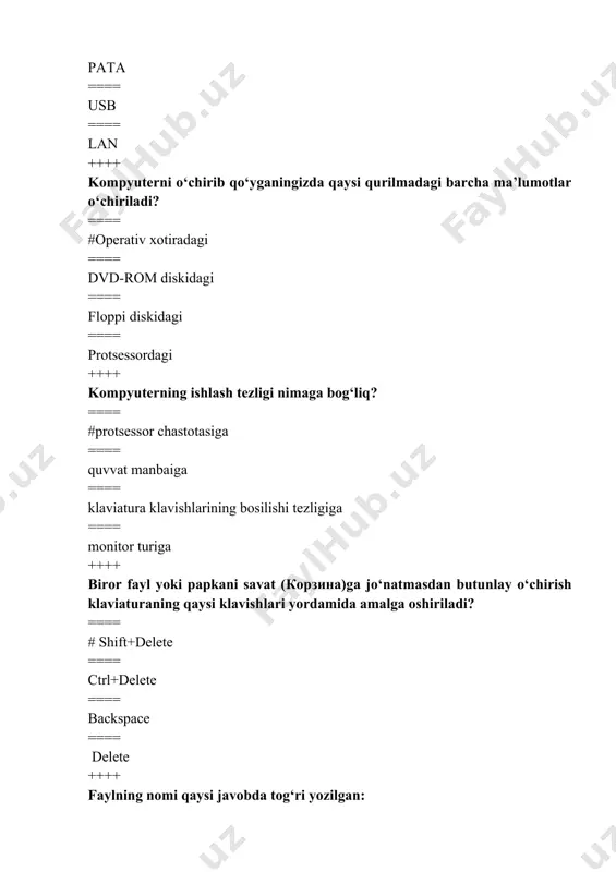 ugmasi powerpoint dasturida qanday buyruqni amalga oshiradi? ==== # ma’lumotlar (справка) menyusi ==== slayd xususiyati ==== “анимация” sozlamalari ==== slaydlar namoyish etish ++++ microsoft powerpoint da imloni tekshirish uchun ________ tugmasi bosiladi. ==== # f7 ==== f5 ==== f6 ==== f3 ++++ slaydlar namoyishi (слайд-шоу)ni to‘xtatish uchun ________. ==== # o‘ngga ko‘rsatkich tugmasi bosiladi ==== chapga ko‘rsatkich tugmasi bosiladi ==== esc tugmasi bosiladi ==== pastga ko‘rsatkich tugmasi bosiladi ++++ internetning birinchi versiyasi qanday nomlangan va kim tomonidan yaratilgan? ==== #arpa, larri roberts ==== eniac, german goldstayn ==== unix, djon neper ==== it, djon mouchli ++++ internet nechta tarkibiy qismlarga bo’linadi? ==== #3 ta ==== 11 ta ==== 7 ta ==== 5 ta ++++ foydalanuvchilarga internet xizmatlarini tashkil etuvchi tashkilot nomi qaysi? ==== #provayder ==== server ==== brauzer ==== web-sayt ++++ veb resursi manzili to‘g‘ri yozilgan javobni ko‘rsating: ==== #http://www.gov.uz ==== http/wwwgov.uz ==== www/http.gov.uz ==== www:http.gov.uz ++++ internetga ulangan kompyuter albatta …