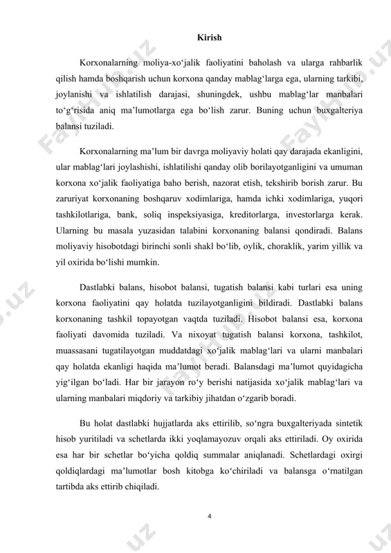 ex.uz//ru/docs/-821320), (https://lex.uz/docs/-822996#-3789360) o‘zbekiston respublikasida qo‘llanilayotgan buxgalteriya balansining «aktiv» tomoni xo‘jalik aktivlarini xizmat muddatiga ko‘ra quyidagi ikki bo‘lim bo‘yicha tizimlashga asoslangan: i-bo‘lim. «uzoq muddatli aktivlar». ushbu bo‘limda foydalanish muddati bir yildan ortiq bo’lgan asosiy vositalar, nomoddiy aktivlar, uzoq muddatli moliyaviy va kapital investitsiyalar, shuningdek uzoq muddatli debitorlik qarzlar va muddati uzaytirilgan harajatlarning qoldiq summalari ko‘rsatiladi. ii-bo‘lim. «joriy aktivlar». ushbu bo‘limda yuqori likvidli, ya’ni pulga aylantirilishi nisbatan oson xo’jalik mablag’lari, ishlab chiqarish zaxiralari va harajatlari, tayyor mahsulotlar va tovarlar, pul mablag‘lari, debitorlik qarzlar va boshqa joriy aktivlarning qoldiq summalari ko‘rsatiladi. balansning «passiv» tomoni xo‘jalik aktivlarini tashkil topish manbalarini turiga qarab quyidagi ikki bo‘lim bo‘yicha tizimlashga asoslangan: i-bo‘lim. «o‘z mablag‘lari manbalari». ushbu bo‘limda ustav kapitali, qo‘shilgan kapital, rezerv kapitali, sotib olinga xususiy aksiyalar, taqsimlanmagan foyda va xususiy kapitalning boshqa elementlarining qoldiq summalari ko‘rsatiladi. o‘zbekiston respublikasi «buxgalteriya hisobi to‘g‘risida»gi qonuni 19-moddasiga muvofiq: «xususiy kapital ustav fondidan (ustav kapitalidan), qo‘shilgan, zaxira kapitalidan va taqsimlanmagan foydadan …