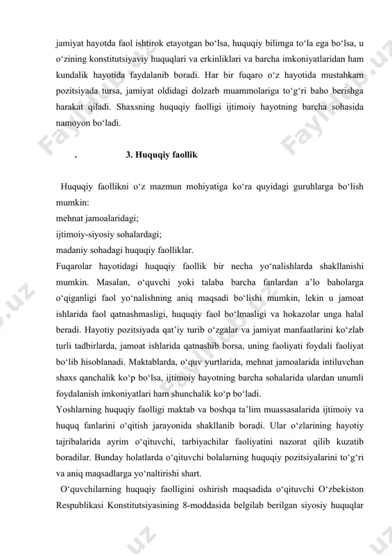 olligini oshirish maqsadida o‘qituvchi o‘zbekiston respublikasi konstitutsiyasining 8-moddasida belgilab berilgan siyosiy huquqlar haqida keng ma’lumotlar bermog‘i lozim. buning uchun u 2002 yil «o‘zbekiston» nashriyoti tomonidan chop etilgan «o‘zbekiston respublikasi konstitutsiyasiga sharh», o‘zbekiston resupublitkasi konstitutsiyasini o‘rganishga qaratilgan, huquqiy mavzularda chop etilgan adabiyotlardan, o‘zbekiston respublikasi yanigi qonunlaridan foydalanishi lozim. huquq darslarida yoshlarni faollashtirish maqsadida xalq davlat hokimiyatining birdan-bir manbai deb konstitutsiyada ko‘rstilgan qoidani to‘la tushuntirib berish maqsadga muvofiqdir. fuqarolarning bunday ishtiroklari - vakillik demokratiya, bevosita demokratiya orqali amalga oshirib boriladi. mamlakatning barcha vakillik organlari bevosita demokratiya orqali shakllantiriladi va shu asosda vakillik demokratiyasi fujudga keladi. vakillik demokratiyasiga saylab qo‘yiladigan muassasalar, mahalliy hokimiyat organlari, o‘zini o‘zi boshqarish organlari kiritiladi. davlat hokimiyatining o‘zlari saylangan vakil orqali, shuningdek, xalq deputatlari kengashi va fuqarolarning o‘zini o‘zi boshqarish organlari orqali ishtirok etadilar. «kuchli davlatdan-kuchli jamiyat sari» deb nomlangan islom karimovning asaridan foydalanib, bu mavzuni keng yoritish mumkin. o‘zbekiston respublikasi konstitutsiyasining 10-moddasiga binoan, xalq nomidan saylab qo‘yilgan oliy …