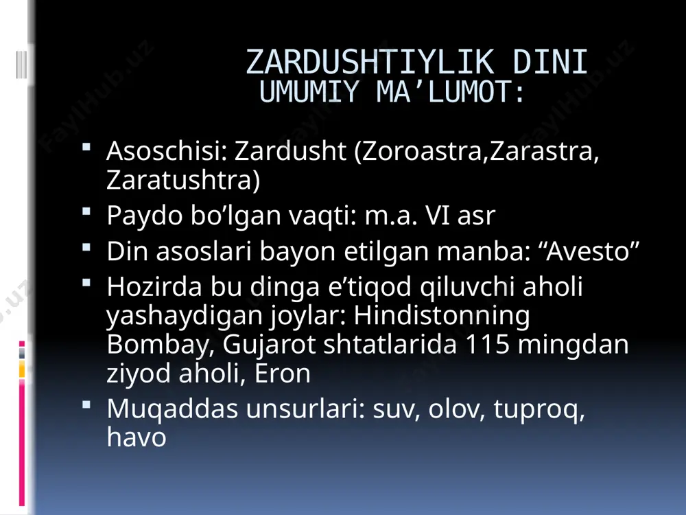 ik, adolat, mardlik va poklik himoyachisi. ahuramazdaning 6 nafar eng yaqin yordamchilari : 1)vohu manax -- chorva mollari va ezgu fikr xudosi 2) asha vahihsta -- olov va yuksak haqiqat homiysi 3) xshatra varya -- ma’dan va hokimiyat, qudrat homiysi 4)sienta armati -- yer va diyonat homiysi 5) xarvatat -- suv va salomatlik (anahita -- hosildorlik va suv ilohi 6) ameretat -- o’simlik va mangulik homiysi . ahura- mazda bu yordamchilarini muqaddas ruh yordamida yaratgan ular ham ahura-mazda kabi abadiylar. ama – kuch –qudrat va bahodirlik ilohi. u aksariyat hollarda iloh bahromning nomi bilan baqamti qo’llaniladi va “mahluqlar sarasi , yaxshisi “ yoxud “”zabardast” sifatlari bilan ziynatlanadi. “bahrom yasht”da iloh bahrom novvos va ot jasadning oldida namoyon bo’ladi. shunda iloh ama novvos shohida va ot peshonasida ko’zga tashlanadi. ashah (asha)—to’g’rilik ma’nosini anglatib, amshosipandlardan biri ardabihisht. “avesto”da “ashah- vahiyshta “ nomining o’zidir. “ashah” hindiy va forsiy nusxalarida rostlik , haqiqat, hakam, …