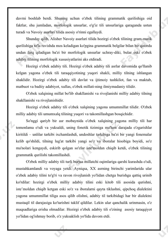 uning yagona umummillat va mahalliy dialektlarga munosabati; 2) tayanch va yetakchi o'zbek shevalarining fonetik tizimi; 3) umumxalq tili lug'at tarkibining son va sifati, qo'llanish doirasi va mazmuni; 4) grammatik qoidalarning hajmi va mohiyati; 5) uslubiy bo'linishga ko'ra belgilanadi. hozirgi o'zbek adabiy tili 6 unlili fonetik tizimga ega. so'nggi yillarda o'zbek tilining undoshlar tizimida ham ma'lum o'zgarishlar bo'ldi. bunga o'zbek tiliga rus tilidan ko'plab yangi so'zlarning kirib kelishi ham sabab bo'ldi. bunday olinmalar tarkibidagi ayrim tovushlarning o'zbek tili fonetik qoidalariga mos kelmasligi, ularni o'z fonetik tizimiga muvofiqlashtirish o'zbek tilining tovushlar tizimida ayrim o'zgarishlarning kelib chiqishiga sabab bo'ldi. ma'lumki, tilning leksikasi uning eng o'zgaruvchan qismidir. shuning uchun keyingi qariyb bir asr davomida o'zbek tili leksikasi juda katta o'zgarishlarga uchradi. bu o'zgarishlarni quyidagicha sharhlash mumkin: a) hozirgi o'zbek adabiy tilida ko'pgina so'zlarning ma'no doirasi kengay-di, ko'pgina so'zlar o'z ma'nosi bilan birga yangi, qo'shimcha ma'nolar kasb etdi, so'z ma'nosida kengayish va torayish yuz berdi: …