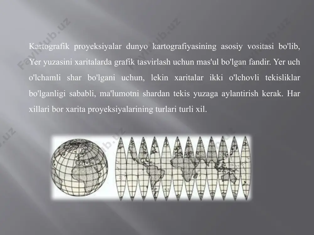 simon proyeksiya. nomidan ko'rinib turibdiki, ular xarita yuzasi sifatida xayoliy silindrdan foydalanadigan proektsiyalardir. tsilindr sayyoraning sharsimon yuzasiga teginish yoki teginish bo'lib o'tiradi, bu yaxshi konsistensiyaga ega (shaklni hurmat qiladi), lekin biz ekvatordan uzoqroqqa siljiganimizda, masofa va sirt maydoni jihatidan kattaroq va aniqroq buzilish mavjud. shunga qaramay, meridianlar va parallellar o'rtasidagi perpendikulyarlikni saqlab, bu navigatsiya uchun keng qo'llaniladigan oddiy va foydali proyeksiya turidir. konusning proyeksiyasi. silindrsimon proyeksiyalarga o'xshab, ular er sharini xayoliy tangens yoki sekant konusning ichki egri chizig'iga joylashtirish orqali olinadi, unga kenglik chiziqlari va meridianlar proyeksiya qilinadi. ushbu turdagi proyeksiyaning afzalligi shundaki, u meridianlarni qutblardan to'g'ri chiziqlarga va parallellarni konus ichidagi konsentrik doiralarga aylantiradi. olingan xarita o'rta kengliklarni ifodalash uchun juda mos keladi, chunki u qutblarga qarab harakat qilganda yanada buziladi. azimutal proyeksiya. zenital proyeksiyalar deb ham ataladi, ular er sharini sferaning o'ziga tangens bo'lgan xayoliy tekislikka joylashtirish orqali olinadi, unga meridianlar va parallellar proyeksiya qilinadi. olingan nuqtai nazar …