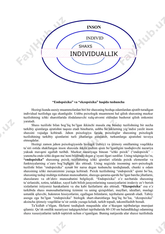 rini anglatib, biologik turga kiruvchi alohida tirik mavjudot sifatida ko’rsatib o’tiladi. keltirilgan ta’riflardan shuni xulosa qilish mumkinki shaxs deb muayyan jamiyatda yashovchi faoliyatning biror turi bilan shug’ullanuvchi, kishilar bilan normal til orqali munosabatga kirishuvchi ongli individga aytiladi. individ sifatida dunyoga kelgan odam ijtimoiy muhit ta’sirida keyinchalik shaxsga aylanadi, shuning uchun bu jarayon ijtimoiy-tarixiy xususiyatga egadir. dunyoga kelayotgan chaqaloqning gavda tuzilishi unda tik yurish uchun imkoniyatining mavjudligini taqozo etsa, miyasining tuzilishi aql-hushining rivojlanishi uchun imkoniyat tug’diradi, qo’llarining shakli shamoyili mehnat qurollaridan foydalanish istiqbollarining mavjudligini ko’rsatadi. yuqorida aytilganlarning barchasida chaqaloqning inson zotiga mansubligini ta’kidlanadi va bu fakt individ tushunchasida qayd etiladi. buni quyidagi sxema asosida tushuntirish lozim. shaxsning eng muhim xususiyatli jihatlaridan biri - bu uning individualligidir. individuallik deganda insonning shaxsiy psixologik xususiyatlarining betakror birikmasi tushuniladi. individuallik kishining o’ziga xosligini, uning boshqa odamlardan farqini aks ettiruvchi psixologik fazilatlar birikmasidir. individuallik tarkibiga xarakter, temperament, psixik jarayonlar, holatlar, hodisalar, hukmron xususiyatlar yig’indisi, iroda, faoliyat …