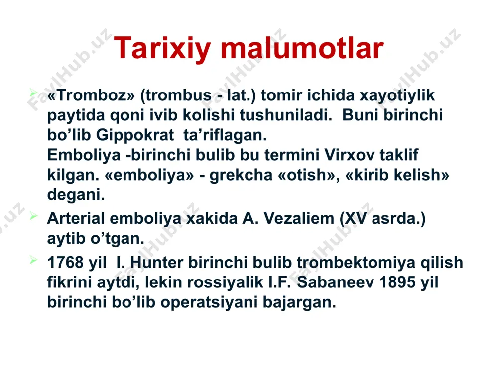chiq» kuzatilmaydi agar: - bemor yoshi ulug’ bo’lsa - o’tib ketuvchi oqsoqlanish bo’lsa - yurak kasali bo’lmasa - mersal aritmiyasi bo’lmasa diagnoz – o’tkir tromboz. antikogulyantlar angiospazmni bartaraf etish tromboz rivojlanishini oldini olish tomirlarni kengaytiruvchilar 4 ml 1 % no-shpa yeki 2 ml 2% papaverin тromb 15000 – 20000 еd geparin