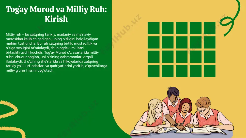 esa o'z navbatida, yosh avlodni tarbiyalashda muhim rol o'ynaydi. photo by jeswin thomas on unsplash zamonaviy kontekstda milliy ruhning ahamiyati milliy ruh: ta'rifi va mohiyati milliy ruh, bir xalqning tarixiy, madaniy va ma'naviy merosini aks ettiruvchi tushuncha bo'lib, u xalqning o'zligini va o'ziga xosligini belgilaydi. zamonaviy jamiyatda milliy ruhning roli zamonaviy sharoitda milliy ruh, xalqning birligini mustahkamlashda, madaniy an'analarni saqlashda va yangi avlodni tarbiyalashda muhim ahamiyatga ega. milliy ruhning ahamiyati milliy ruh, xalqning qadriyatlari, urf-odatlari va an'analarini ifodalaydi, bu esa kelajak avlodlar uchun muhim ma'naviy poydevor yaratadi. milliy ruhni saqlash va rivojlantirish zarurati milliy ruhni saqlash va rivojlantirish, o'z xalqimizni va tariximizni anglashda, shuningdek, globalizatsiya jarayonlarida o'z o'rnimizni topishda muhimdir. misollar o'zbekistonning boy madaniy merosi va boshqa mamlakatlarda milliy ruhni ifodalovchi namunalar, xalqning o'zligini mustahkamlaydi va kelajak avlodlarga yetkazadi. milliy ruh va zamonaviylik zamonaviy g'oyalar va milliy an'analar o'rtasidagi muvozanatni saqlash muhimdir. milliy an'analar bizning kimligimizni belgilaydi va millatimizning o'ziga …
