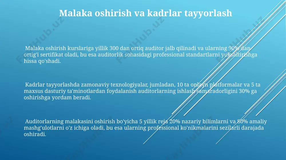him qonunchilik o‘zgarishi amalga oshirildi. “qonunchilik bazasi va normativ-huquqiy hujjatlar” o‘zbekiston respublikasining konstitutsiyasi va 100 dan ortiq qonunlar, shuningdek, 5000 dan ziyod boshqa normativ-huquqiy hujjatlarni o‘z ichiga oladi. auditorlik faoliyatini tartibga soluvchi 15 dan ortiq normativ-huquqiy hujjatlar “qonunchilik bazasi va normativ-huquqiy hujjatlar” tarkibida mavjud bo‘lib, ular auditorlarning vakolatlari va javobgarligini aniq belgilaydi. kasbiy standartlar va etika masalalari kasbiy standartlar auditorlarning 10 dan ortiq muhim mezonlarga rioya qilishlarini, shu jumladan, mustaqillik, sir saqlash va professional ehtiyotkorlik tamoyillarini belgilab beradi. etika kodeksi auditorlarning xolislik, adolatlilik va shaffoflik kabi 5 ta asosiy etika printsiplariga amal qilishlarini ta'minlaydi, bu esa jamoatchilik ishonchini oshiradi. auditoriya faoliyatini yaxshilash uchun kamida 3 yilda bir marta kasbiy standartlar va etika kodekslarini qayta ko'rib chiqish va yangilash tavsiya etiladi. kelajakdagi istiqbollar va tavsiyalar auditorlik firmalarining o'zaro hamkorligini kuchaytirish va kamida 10 ta yangi professional birlashmalarni tashkil etish kerak. raqamli texnologiyalarni joriy etish orqali audit jarayonlarini avtomatlashtirish va samaradorligini 20% …