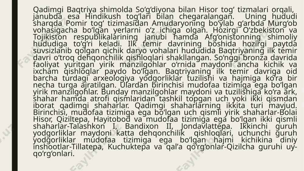 ng yirik yodgorliklar sanaladi. bandixon ii yodgorligining umumiy maydoni 14 ga. dan iborat bo‘lib, qalʼa va aholi yashaydigan qismlardan tashkil topgan. ularga yaqin joyda dehqonchilik qishloqlari mavjud. sherobod vohasida jondavlattepa va talashkon i yodgorliklari maydoni jihatdan yirik manzilgohlar hisoblanadi. jondavlattepa 7 ga. maydonda joylashgan, ikki qismdan iborat manzilgoh. talashkon i manzilgohining atrofi qalinligi 5 m. mudofaa devori bilan o‘rab olingan doira shaklidagi qalʼa-istehkomni tashkil etadi. mudofaa devori to‘g‘ri to‘rtburchak burjlar va shaxmat kataklari shaklidagi ikki qator shinaklar bilan kuchaytirilgan. qalʼaning ichkarisidagi uylar mudofaa devorlariga taqab qurilgan. manzilgoh o‘rtasida ochiq joy qoldirilgan. mil. avv. i ming yillikning o‘rtalaridan boshlab shimoliy baqtriya hudidi aholisi sonining keskin ko‘payishi natijasida surxondaryo va amudaryo kabi yirik daryolar bo‘ylari ham o‘zlashtirilib, aholi manzilgohlari, xususan, shaharlar paydo bo‘ladi. bu davrda surxon vohasida hayitabodtepa yodgorligi o‘rnida qadimgi shahar vujudga kelgan. ko‘hna termiz o‘rnida ham aholi manzilgohi paydo bo‘lib, shaharga aylangan. janubiy tojikistonning kofirnahr, vaxsh va panj vohalarida ham …