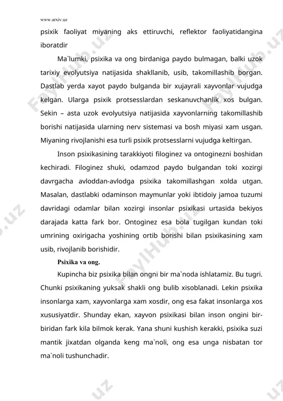 radiki, oldindan kura biladiki, chunki u nutkka egadir. uning nutkka ega bulishi xayvonlardan ajratib turuvchi ikkinchi muxim farkidir. doimo boshkalar bilan munosabatda bulish, kitob ukish, ishlab chikarish madaniyati bilan tanishish, texnikani egallash tufayli inson uz ongini boyitib, ustirib boradi. 3. insonning xayvonlardan yana bir muxim farki shuki, u u jamiyat ichida, jamoa ichida yashaydi. jamiyatda yashamasdan, jamoa a`zolari bilan munosabatda bulmasdan turib inson shaxsi shakllanmaydi. insonning ongi mexnat jarayonida, yangi-yangi mexnat kurollarini yasash protsessida usib boradi. xulosa kilganimizda, psixologiya inson va xayvonga xos bulgan psixik jarayonlarni, ularning paydo bulish yullarini va rivojlanish xususiyatlarini urganadigan fandir. psixika esa bosh miya va nerv sistemasining maxsulidir. u doim usib, rivojlanib boradi. psixikaning eng yuksak shakli ong bulib, u fakat insonlarga xosdir. ong shaxsiy va ijtimoiy shaklda buladi. adabiyotlar: 1. uzbekiston respublikasining «ta`lim tugrisida» gi konuni. t. 1997 y. 2. goziyev e. psixologiya.t. 1994 y. 3. goziyev e. oliy maktab psixologiyasi . 1997 y. …