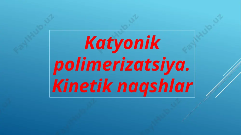 n polimer zanjirlari. shu bilan birga, monomerga biriktirilgan ushbu elektron donorlik guruhlari keyingi polimerizatsiya uchun hosil bo'lgan kationik zaryadni barqarorlashtirishi kerak. ba'zi reaktiv olefin monomerlari quyida reaktivlikning pasayishi tartibida ko'rsatilgan heteroatom guruhlar alkil yoki aril guruhlariga qaraganda ancha reaktivdir. shu bilan birga, hosil bo'lgan karbiyum ionining reaktivligi monomer reaktivligiga qarama-qarshi ekanligini unutmang. alken monomerlarining reaktivligini pasayishi polimerning molekulyar og'irligi reaksiya muhitida suv va boshqa ionlanadigan moddalarning kichik qo'shimchalari mavjud bo'lganda kamayadi va ko'pincha monomer konsentratsiyasiga bog'liq emas. · katalizator bilan birga suv, kislotalar va boshqa proton donorlari (ko-katalizatorlar)ning kichik qo'shimchalari qo'llanilganda polimerlanish sezilarli darajada tezlashadi. maksimal tezlik ma'lum bir katalizator: kokatalizator nisbatida erishiladi. tezlashtirish effekti kokatalizatorning kislotaliligi bilan ortadi. katalizator bilan stexiometrik nisbatdan oshmaydigan miqdorda kokatalizator qo'shilishi polimerlanish tezligini oshiradi va polimerning molekulyar og'irligini kamaytiradi. kokatalizator tarkibining stoxiometrik darajadan oshishi polimerlanish tezligiga ta'sir qilmaydi, chunki reaktsiyada faqat katalizator bilan bog'liq bo'lgan molekulalar ishtirok etadi. kokatalizatorning roli muhitning tabiatiga bog'liq. qutbli …