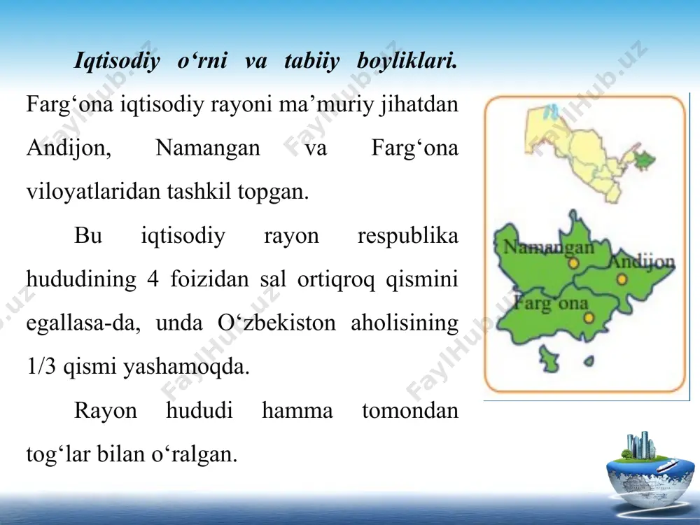 yonda urbanizatsiya darajasi yuqori, aholining 58 foizi shaharlarda yashaydi. xo‘jaligi va uning hududiy tashkil etilishi. farg‘ona hududiy ishlab chiqarish majmuyi yuqori darajada mukammallashgan. u o‘tgan asr boshlarida ham boshqa rayonlardan shu jihati bilan farq qilardi. qishloq xo‘jaligi boshqa rayonlardagidan yuksak intensivligi bilan ajralib turadi. rayon mamlakatda yetishtiriladigan paxtaning deyarli 25 foizini bermoqda. tog‘ oralari va yonba g‘irlari texnikadan foydalanishni cheklaydi. shu­ning uchun bu yerlarda mevali daraxtlar o‘stiriladi (100-rasm). shaharlar atrofida mevazor va uzum zorlar, sabzavot, kartoshka, poliz ekinlari ayniqsa keng tarqalgan. chorvachilik, asosan, sut-go‘sht yetish tirishga ixtisoslashgan. rayon mamlakat ning pillachilik bazalaridan biridir. rayon o‘zbekistonda yetishtiriladigan pillaning 45 foiziga yaqinini beradi. sanoati. mustaqillik davrida foydali qazilmalar va qishloq xo‘jalik xom ashyosi negizida ko‘plab yangi sanoat tarmoqlari vujudga keldi. rayon yoqilg‘i-energetika majmuyining o‘z boyliklari salmog‘i kichik. gaz boshqa iqtisodiy rayonlardan keltiriladi. namangansoy gidroelektrostansiyalari butkul rayon uchun ishlasada, lekin rayonning elektr quvvatiga bo‘lgan ehtiyojini qondira olmaydi. мazkur masalani yеchimi sifatida quvvati 900 …