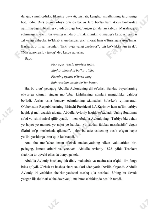 shkent shahrida to`quvchi oilasida dunyoga keldi. abdulla avloniy boshlang`ich diniy maktabda va madrasada o`qidi, ilm-fanga ixlos qo`ydi. o`zbek va boshqa sharq xalqlari adabiyotini berilib o`rgandi. abdulla avloniy 14 yoshidan she’rlar yozishni mashq qila boshladi. uning bu davrda yozgan ilk she’rlari o`sha davr vaqtli matbuot sahifalarida bosilib turadi. abdulla avloniy xalqni ilm-fan nurlaridan bahramand qilishni o`zining birdan-bir burchi deb bildi va 1904- yilda o`zi yashab turgan joyda - mirobodda maktab ochdi. abdulla avloniy maktab har tomonlama bolani o`ziga tortishi uchun harakat qiladi. uning qo`lidan duradgorlik ishlari ham kelar edi. shuning uchun u yozuv taxtasi, parta yasab, barcha o`quv jihozlarini o`zgartiradi. bu yerda o`qiydigan bolalarning asosiy ko`pchiligini kambag’allarning bolalari tashkil etganligi sababli muallim boy-badavlat do`stlarining ko`magida «jamiyati xayriya» tashkil etadi. bu bilan bolalarga kiyim – bosh, oziq-ovqat, daftar, qalam bepul berilishini ta’minlaydi. avloniy ochgan maktabning shuhrati tobora ortib, o`quvchilarning soni ko`paya boradi. abdulla avloniy o`zi tashkil qilgan maktabda bolalar diqqatini asosiy fanlarga …