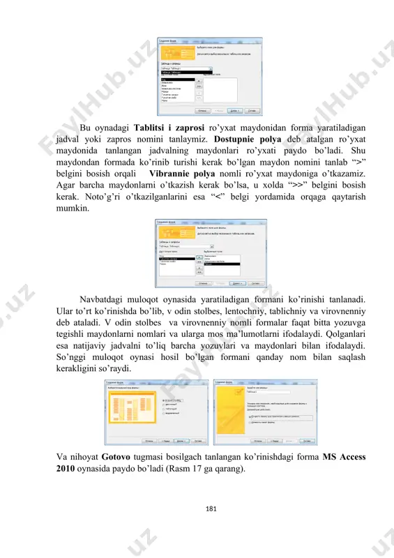tish parametrli so’rov ishga tushirilganda maxsus oynacha ochilib (rasm 22) unda topilishi kerak bo’lgan ma’lumotni kiritish so’raladi. buning uchun zapros blankasining uslovie otbora qatorida ma’lumotlari topilishi kerak bo’lgan maydonga [] belgilar joylashtirilib uning ichiga izlanishi kerak bo’lgan ma’lumot mazmunini bildiruvchi so’z yozib qo’yidadi, masalan: familiyasi nomli maydon bo’lsa, [familiyani kiriting] kabi. yodingizda bo’lsin, [] ichiga maydon nomi bilan aynan bir xil yozuv joylashtirmang, aks holda so’rov ishamaydi, ya’ni so’rov natijasida barcha ma’lumotlar xatto so’ralmaganlari xam chiqaveradi. chunki maxsus oynacha ochilmaydi. biroq bu holda so’ralgan ma’lumotni aynan to’liq va to’g’ri kiritish kerak bo’ladi, aks holda natija sifatida bo’sh jadval chiqadi. agar [] belgilar o’rniga like[] qo’yilsa, u holda qidirilayotgan ma’lumotni xatto yuqorida keltirilgan andozalar asosida xam topish mumkin. like yordamida tashkil qilingan parametrli so’rov oynasida mantiqiy solishtirish va mantiqiy bog’lash amallarini yozish mumkin emas. ularning o’rniga *, ?, #, !, [], - belgilar ishlatiladi. misol: [a,b,r]* - a,b,r harflaridan boshlangan ma’lumotlarni …
