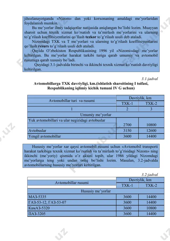 mumkin. 2. txk va avtomobil resursi yoki mukammal ta’mirlash (mt) me’yoriy masofalarini tanlash kundalik xizmat ko’rsatish (kxk) davriyligi avtomobilning o’rtacha kunlik bosilgan yo’liga teng bo’ladi. quyida ikki bosqichli texnik xizmat ko’rsatish (txk-1, txk-2) tizimi qo’llaniladigan avtomobillarga ega bo’lgan atk uchun texnik xizmat ko’rsatish va ta’mirlash dasturini hisoblashning ketma-ketligi keltirilgan. birinchi va ikkinchi texnik xizmat ko’rsatish (txk-1, txk-2) davriyligi «avtomobil transporti harakat tarkibiga texnik xizmat ko’rsatish va ta’mirlash to’g’risida nizom»ga asosan belgilanadi. yangi va istiqboliy avtomobillar uchun yangi korxonalar loyihalanganda me’yorlar tlum-01-91dan, atklar qayta qurilayotganda yoki qayta texnik jihozlanayotganda «nizom» dan yoki korxonaning amaldagi me’yorlaridan foydalanish mumkin. bu me’yorlar ilmiy tadqiqotlar natijasida aniqlangan bo’lishi lozim. muayyan sharoit uchun texnik xizmat ko’rsatish va ta’mirlash me’yorlarini va ularning to’g’rilash koeffitsiyentlarini qo’llash tezkor to’g’rilash usuli deb ataladi. nizomdagi txk va t me’yorlari va ularning to’g’rilash koeffitsiyentlarini qo’llash resurs to’g’rilash usuli deb ataladi. quyida o’zbekiston respublikasining 1996 yil «nizomi»dagi me’yorlar keltirilgan. bu me’yorlar harakat tarkibi …