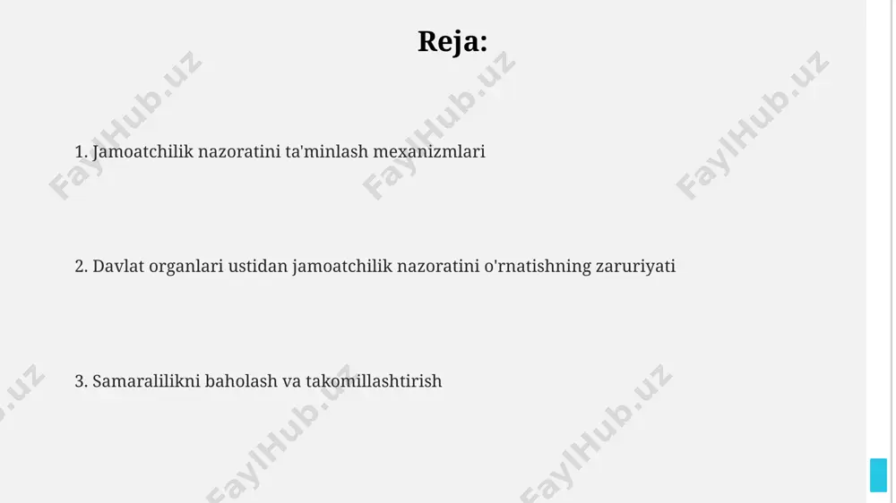 asi tizimi orqali 2023-yilning birinchi choragida 500 dan ziyod korrupsion xarakterdagi holatlar fosh etilgan, bu esa jamiyatning ishonchini oshirishga qaratilgan. “korrupsiyaga qarshi kurash” doirasida oʻzbekistonda 2022-yilda 1500 dan ortiq korrupsion jinoyatlar aniqlangan boʻlib, ularning aksariyati toshkent shahrida va andijon viloyatida qayd etilgan. oʻzbekiston respublikasining “korrupsiyaga qarshi kurash” strategiyasi 2021-2025 yillar davomida 3 ta asosiy yoʻnalish – profilaktika, aniqlash va jazo – boʻyicha 10 dan ortiq konkret tadbirlarni oʻz ichiga oladi. jamoatchilik nazorati tushunchasi va turlari жамоатчилик назорати механизмларининг самарали ишлаши учун 5 тадан ортиқ мустақил нодавлат ташкилотларининг фаол иштироки ва тошкент шаҳридаги маҳаллий кенгашлар билан ҳамкорлик зарур. 2022 йилги тадқиқотлар кўрсатишича, фергана водийсидаги жамоатчилик назорати даражаси бошқа ҳудудларга нисбатан юқорироқ бўлиб, бу ерда 70% дан ортиқ фуқаролар жамоатчилик тадбирларида иштирок этган. жамоатчилик назоратининг 3 та асосий тури – парламент назорати, суд назорати ва оав назорати бўлиб, уларнинг самарадорлиги ўзбекистоннинг 2021 йилги конституциясига асосан баҳоланади. davlat organlari ustidan jamoatchilik nazoratini o'rnatishning …