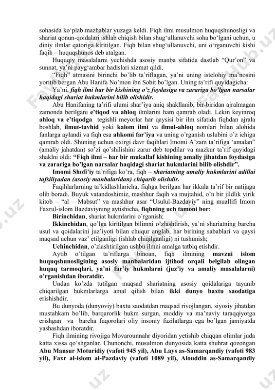 aydi. sulton minnatdorchilik bildirib, unga qur’onni tortiq qiladi. bizning va arabshunos olimlarning fikricha bu qur’on sohibqiron temur tomonidan basradan ko’plab qo’lyozma kitoblar va boshqa o’ljalar bilan birga samarqandga keltirilgan va mashhur temur kutubxonasiga qo’ydirilgan. temuriylar davridagi o’zaro kelishmovchiliklarda temur kutubxonasi yondirilib yuborilgan. tasodifan shu nusxa omon qolgan. qur’onni chuqur ilmiy taftish etgan sankt-peterburglik sharqshunos olim a.v.shebunin fikricha, qur’on basradan sohibqiron temur tomonidan samarqandga keltirilgan. chunki, shebunin parij, berlin va makkadagi boshqa nusxalariga solishtirib, bizdagi qur’onning basra nusxasi ekanligini isbotlab berdi. 400 yil davomida bu muqaddas kitob samarqandda saqlanadi hadis - islom dinida qur’ondan keyin turadigan ikkinchi muqaddas manba bo‘lib, muhammad alayhissalomning hayoti va faoliyati, uning diniy va axloqiy ko‘rsatmalarini o‘z ichiga oladi. hadis” soʻzi arabchadan kelib chiqqan boʻlib, “soʻz”, “kalom”, “paygʻambar soʻzi”, “hikoya”, “naql” degan maʼnolarni anglatadi. diniy-ilmiy kitoblarda “hadis” deyilganda, muhammad paygʻambarning aytgan gap-soʻzlari, qilgan ishlari nazarda tutiladi. demak, “hadis ilmi” deganda muhammad paygʻambar gap-soʻzlari va feʼlini oʻrganish, jamlash, …
