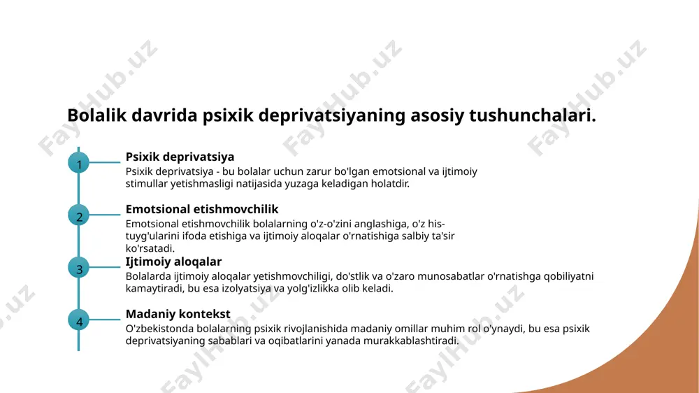 da etishda yordam beradi. bu, bolalarning o'zini qadrlashini oshiradi. ijtimoiy muhit ijtimoiy muhit bolalar uchun muhim rol o'ynaydi. ular do'stlik va ijtimoiy aloqalar orqali o'zaro muloqot va hamjihatlikni o'rganadilar. rivojlanish jarayoni emotsional va ijtimoiy qo'llab-quvvatlash bolalarning kognitiv va hissiy rivojlanishiga ijobiy ta'sir ko'rsatadi, bu esa ularning umumiy salomatligini yaxshilaydi. o'zbekistonda bolalar uchun etishmovchiliklarni bartaraf etish usullari. 1 ta'lim tizimini rivojlantirish - o'zbekistonda bolalar uchun ta'lim tizimini takomillashtirish, emotsional va ijtimoiy etishmovchiliklarni bartaraf etish uchun muhimdir. ta'limning sifatini oshirish zarur. 2 psixologik yordam - bolalarga psixologik yordam ko'rsatish, ularning hissiy va ijtimoiy ehtiyojlarini qondirishda muhim ahamiyatga ega. maxsus dasturlar va mutaxassislar zarur. 3 ijtimoiy dasturlar - ijtimoiy muammolarni hal qilish uchun davlat va nodavlat tashkilotlari tomonidan qo'llab-quvvatlanadigan dasturlar bolalar uchun muhim imkoniyatlar yaratadi. 4 oila va jamoa roli - oila va jamoa bolalarning rivojlanishida muhim rol o'ynaydi. o'zaro muloqot va qo'llab-quvvatlash orqali bolalarni etishmovchiliklardan himoya qilish kerak. o'zbekistonda bolalarning psixik rivojlanishiga …