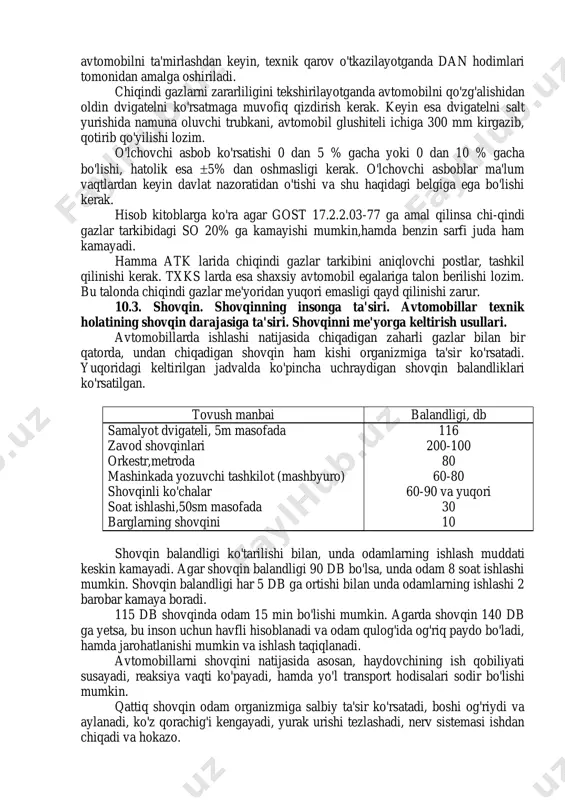 t. zararli moddalar atmosferaga chiqsa, buning 86 mln.t si avtomobillarni ishlashi natijasida hosil bo'ladi. avtomobilda atrof muhitni zararlantiruvchi 3 xil manbani ko'rish mumkin: chiqindi gazlar, karter gazlari va yonilg'i parlanishi natijasida hosil bo'ladigan zararli moddalar (yonilg'i bakidan, karburatordan va hokazo). 1971 yil 1 yanvardan joriy etilgan gost 16533-70 benzinli dvigatellarni ishlashi natijasida ajralib chiqadigan chiqindi gazlarning tarkibidagi so ni hajmini chegaralaydi. gost 21393-75 esa dizel dvigatellaridan chiqadigan gazlarni tu-tashini cheklaydi, 1980 yil gost 16533-70 o'rniga yangi davlat standarti 17.2.2.03-77 joriy qilindi, bu ham benzinli dvigatellarni chiqindi gazlaridagi so ni hajmini cheklaydi. bu standart benzinda ishlaydigan yuk tashuvchi avtomobillarga, yengil avtomobillarga va avtobuslarga ta'luqlidir. yangi gost ga asosan so ning hajmi hamma avtomobillar uchun 1,5% dan oshmasligi kerak va chiqindi gazlarning tarkibidagi so ni tekshirish, aholisi 300 mingdan oshiq, hamda poytaxt shaharlarda, kurortlarda 2-txk o'tkazilganda, avtomobilni ta'mirlashdan keyin, texnik qarov o'tkazilayotganda dan hodimlari tomonidan amalga oshiriladi. chiqindi gazlarni zararliligini tekshirilayotganda avtomobilni …