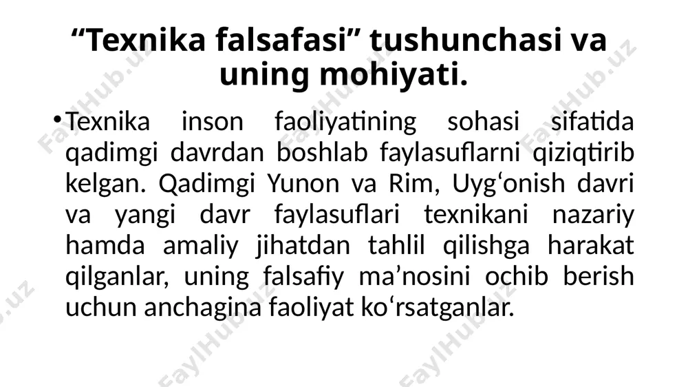 bunday holat ishlab chiqarishni ham, ijtimoiy hayotni ham tubdan o‘zgartirishga qodir emas edi. xvii-xviii asrlarga kelib tubdan o‘zgardi. yevropada manifaktura (qo‘l mehnati) o‘rniga mashina davri boshlandi. jamiyatning ancha qismi qo‘l mehnatini o‘z faoliyati imkoniyatlarini ko‘proq ochishga qarata bordi. ustalar o‘rnini bilimdon, texnika sirlarini anglab yetgan shaxslar injener(muhandis)lar egalladilar. texnikaning rivojlanishi uchun xvii-xviii asarlarda ilmiy zamin yaratildi, mashina davri boshlandi. xix asr oxiri xx asr boshlarida ilmiy – texnik inqilob industrial jamiyatning rivojlanishi uchun asos bo‘ldi. texnika taraqqiyoti texnalogik jarayonlarni izohlashi talab qilindi. texnika jarayoni sifatida amalga oshishini ham ko‘rsatib borish kerak. ana shundagina texnika samaradorligi ortib boradi. birinchi bosqichda texnika qo‘l mehnatiga asoslandi, keyinchalik texnika inson tabiiy a’zolarining davomi sifatida jismoniy qudratni oshirdi. biroq, mashina davrida texnika mustaqil kuch sifatida mexanizatsiyalashdi. texnika odamdan ajraldi, lekin hamma vaqt u bilan yonma – yon mavjud bo‘ldi. texnikaning rivojlanishi tabiiy fanning taraqqiyoti bilan uzviy bog‘liq. bugungi kun texnikasi tabiat fanining darajasi bilan belgilanadi. …