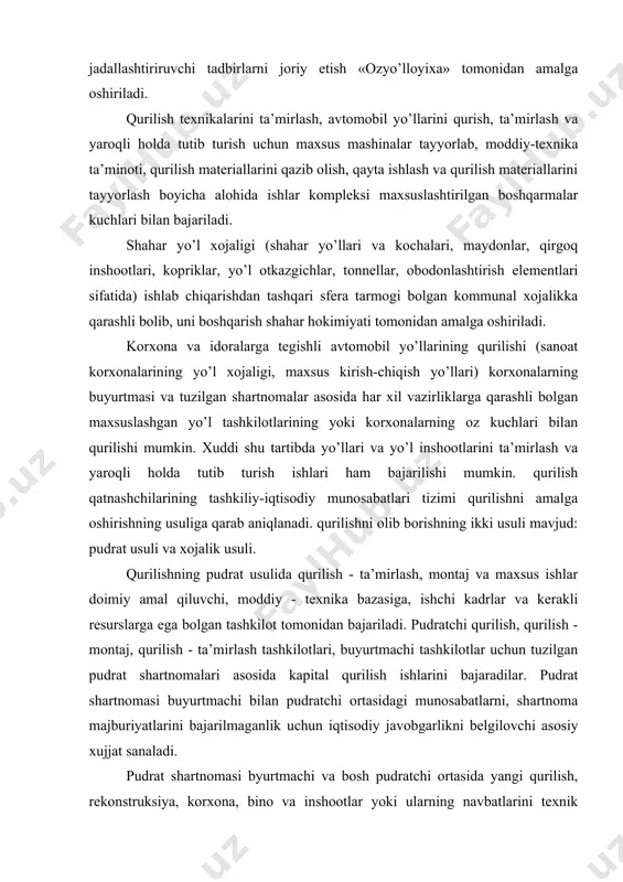 ar. pudrat shartnomasi buyurtmachi bilan pudratchi ortasidagi munosabatlarni, shartnoma majburiyatlarini bajarilmaganlik uchun iqtisodiy javobgarlikni belgilovchi asosiy xujjat sanaladi. pudrat shartnomasi byurtmachi va bosh pudratchi ortasida yangi qurilish, rekonstruksiya, korxona, bino va inshootlar yoki ularning navbatlarini texnik jihatdan qayta jihozlanishi uchun zarur bolgan toliq muddatga tuzilib, ob’ektlar qurilishi rejasiga kiritilgan va tasdiqlangan titul royxatiga ega bolishlari kerak. buyurtmachi odatda, pudrat shartnomasini bitta qurilish - montaj yoki unga tenglashtirilgan tashkilot - bosh pudratchi bilan tuzadi. oz navbatida, bosh pudratchi alohida ish turlari va komplekslarini bajarish uchun umumqurilish va maxsuslashgan tashkilotlar bilan subpudrat shartnomalari tuzish huquqiga ega. bosh pudratchi bilan kelishilgan holda, buyurtmachi montaj va maxsus ishlarni bajarish uchun montajchi va maxsuslashgan tashkilotlar bilan shartnomalar tuzishi mumkin (togridan-togri shartnoma). bunday holatlarda uskunalar montajining boshlanishi va tugallanish muddatlari bosh pudratchi bilan kelishiladi. pudrat shartnomasiga kora bajarilishi bolgan ishlarining qiymati shartnomaviy narxlar asosida aniqlanadi. qurilishning boshlanishi va qurilish muddatlari titul royxatiga muvofiq ravishda pudrat shartnomasida …